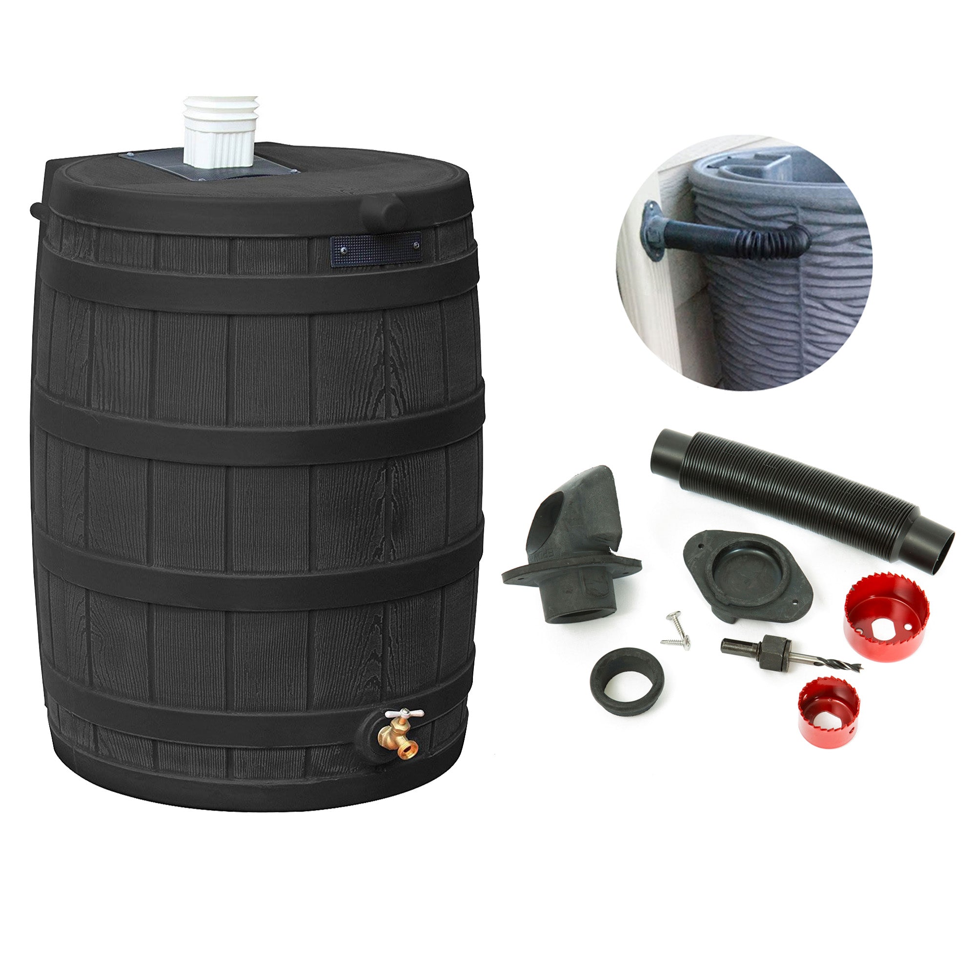 Good Ideas Rain Wizard 50 Gal Rain Barrel Collector, Black & Diverter Flex Kit