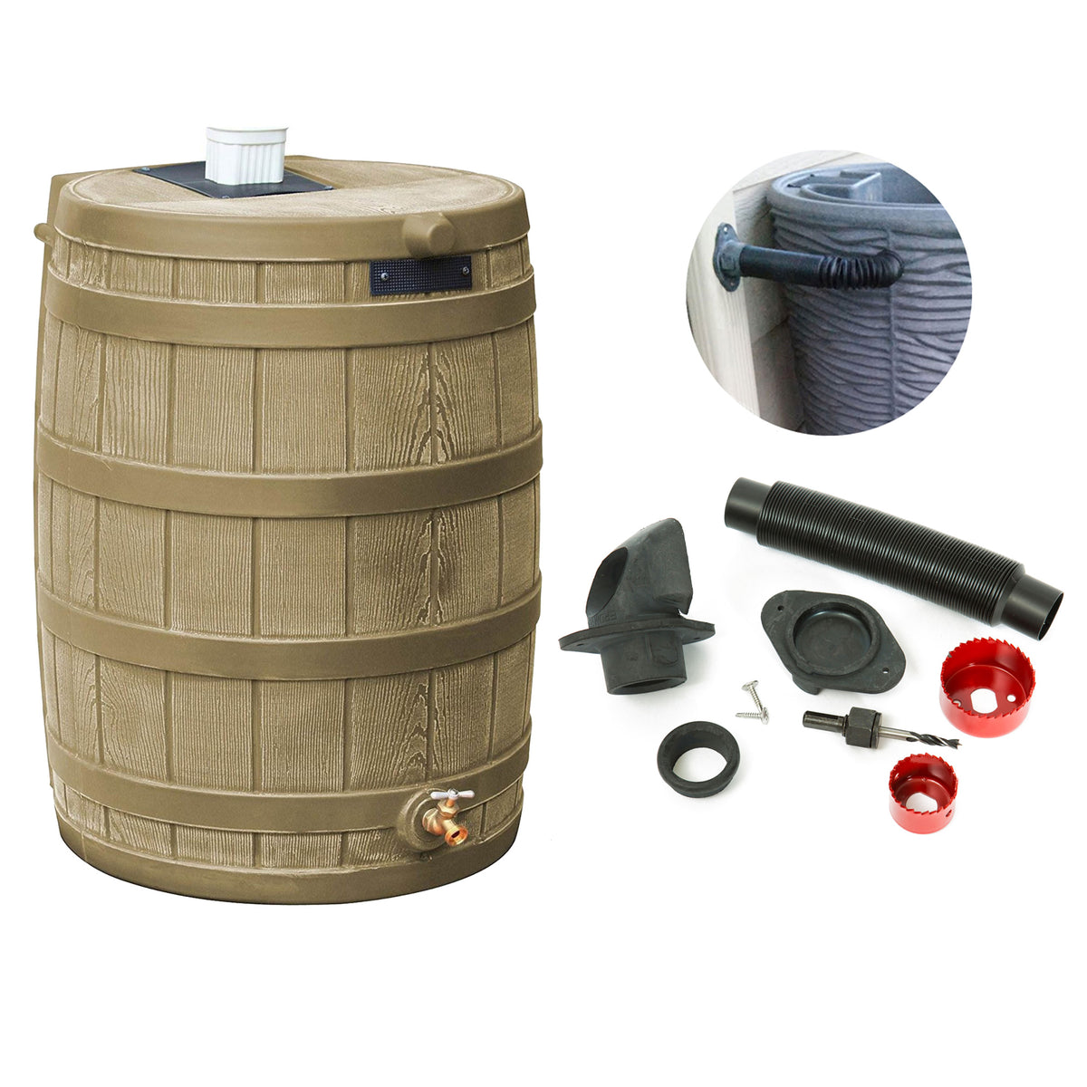 Good Ideas Rain Wizard 50 Gal Rain Barrel Collector, Khaki & Diverter Flex Kit