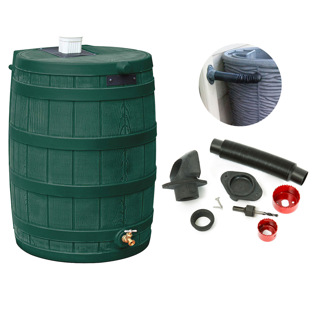 Good Ideas Rain Wizard 50 Gal Rain Barrel Collector, Green & Diverter Flex Kit