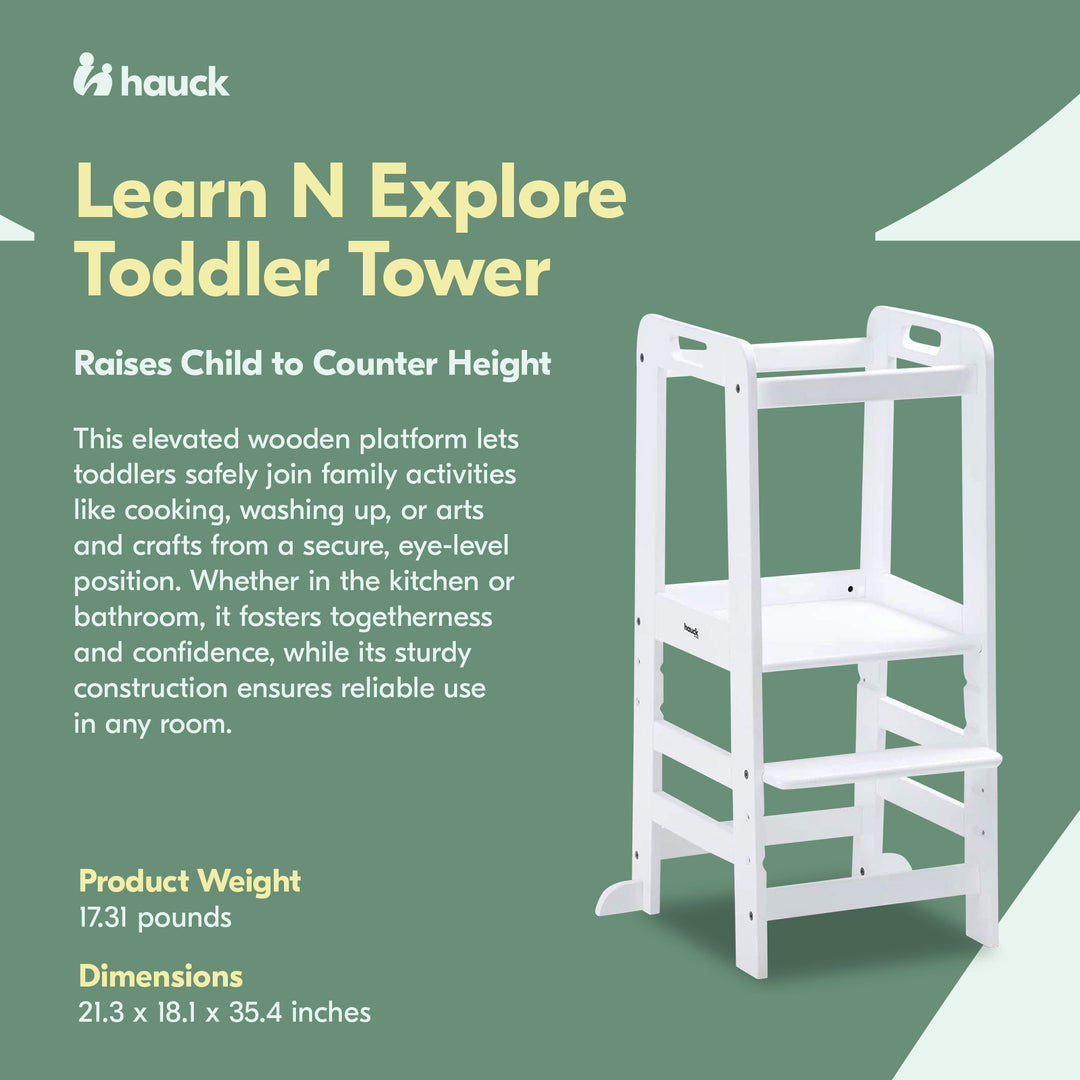 Hauck Learn N Explore Montessori Toddler Tower, Wooden Kitchen Stool, White - VMInnovations