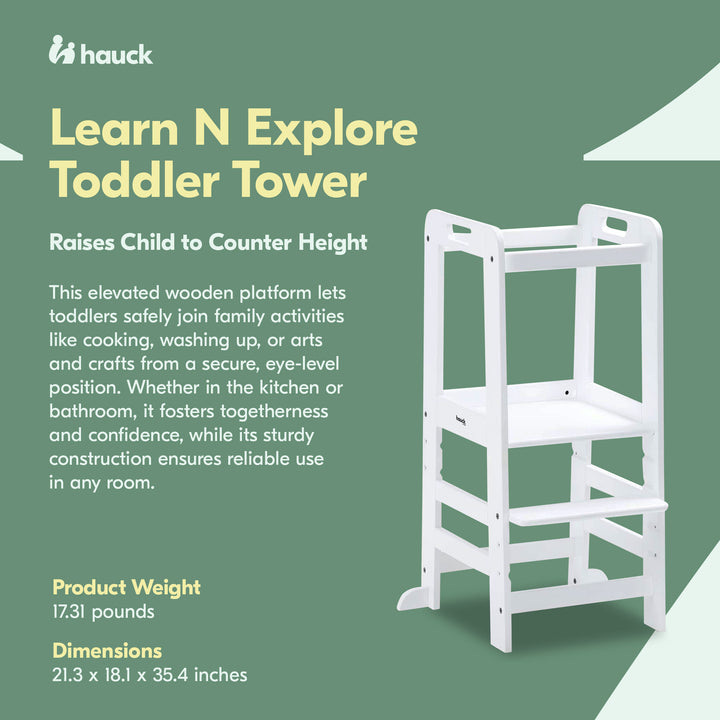 Hauck Learn N Explore Montessori Toddler Tower, Wooden Kitchen Stool, White - VMInnovations