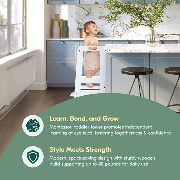 Hauck Learn N Explore Montessori Toddler Tower, Wooden Kitchen Stool, White - VMInnovations