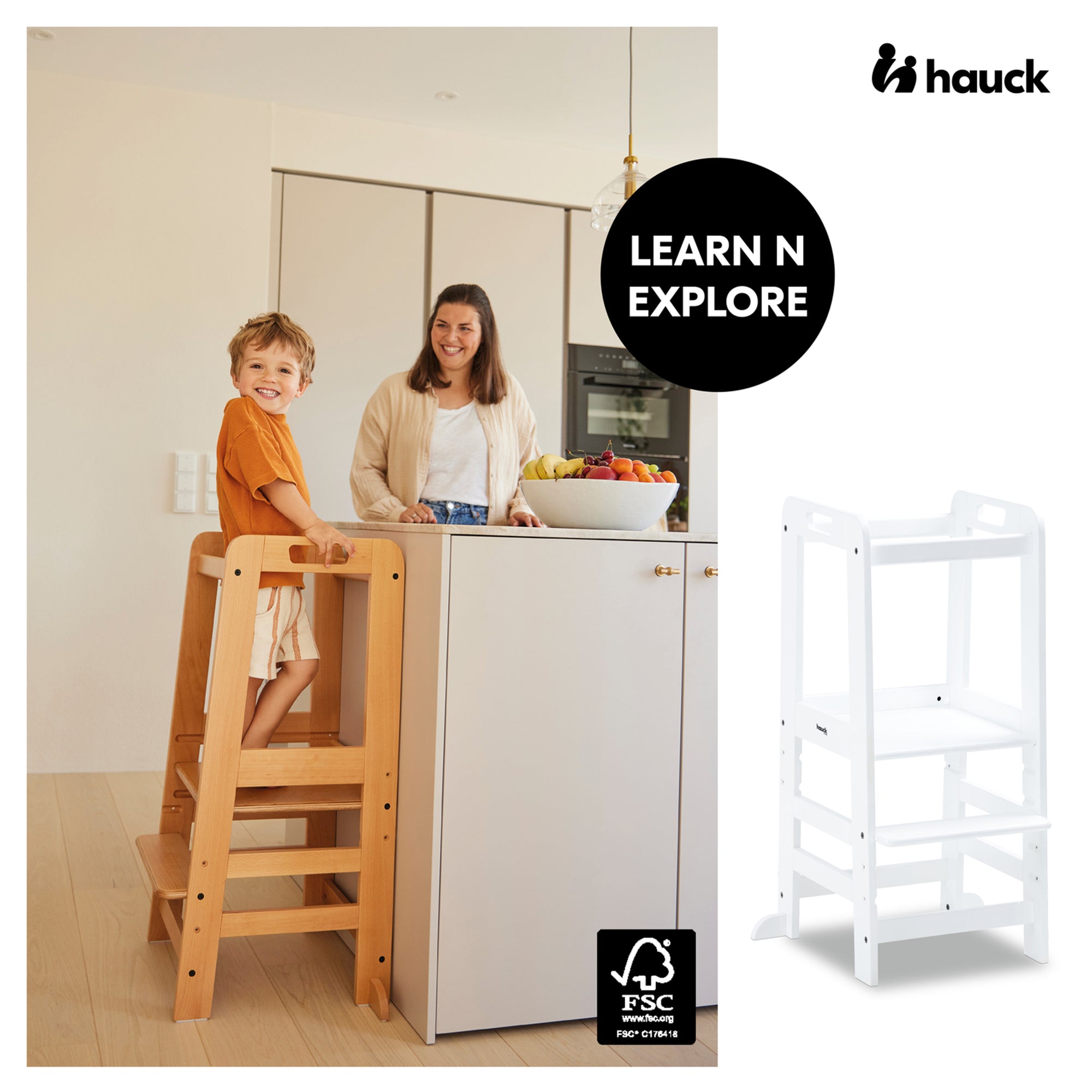 hauck Learn N Explore Montessori Toddler Tower, Wooden Kitchen Stool, White - VMInnovations
