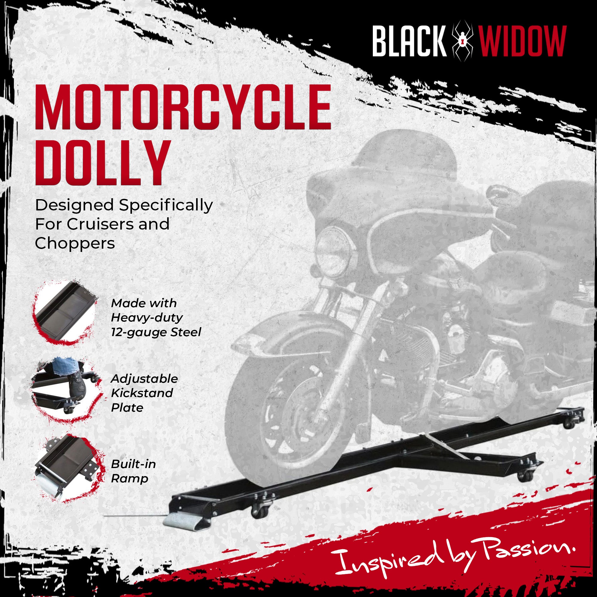 Black Widow Heavy Duty Motorcycle Dolly and Cruiser Garage Storage Ramp, Black - VMInnovations