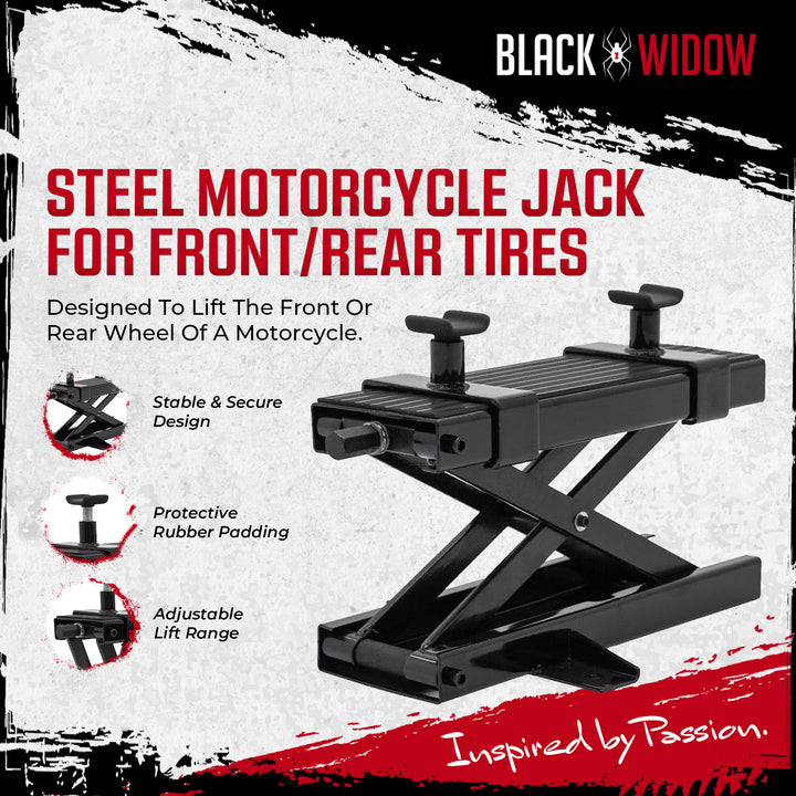Black Widow Steel Motorcycle Jack for Front/Rear Tires, 3.75"-16.25" Lift Height - VMInnovations