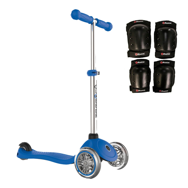 Globber Primo 3-Wheel Adjustable Kick Scooter with Razor Elbow and Knee Pads