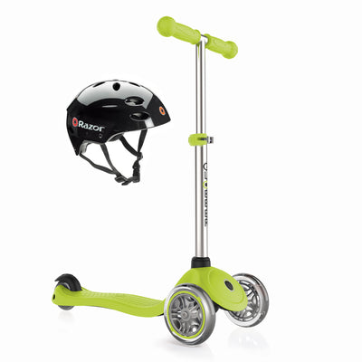 Globber Primo 3-Wheel Green Kids Kick Scooter Bundle with Razor V17 Youth Helmet