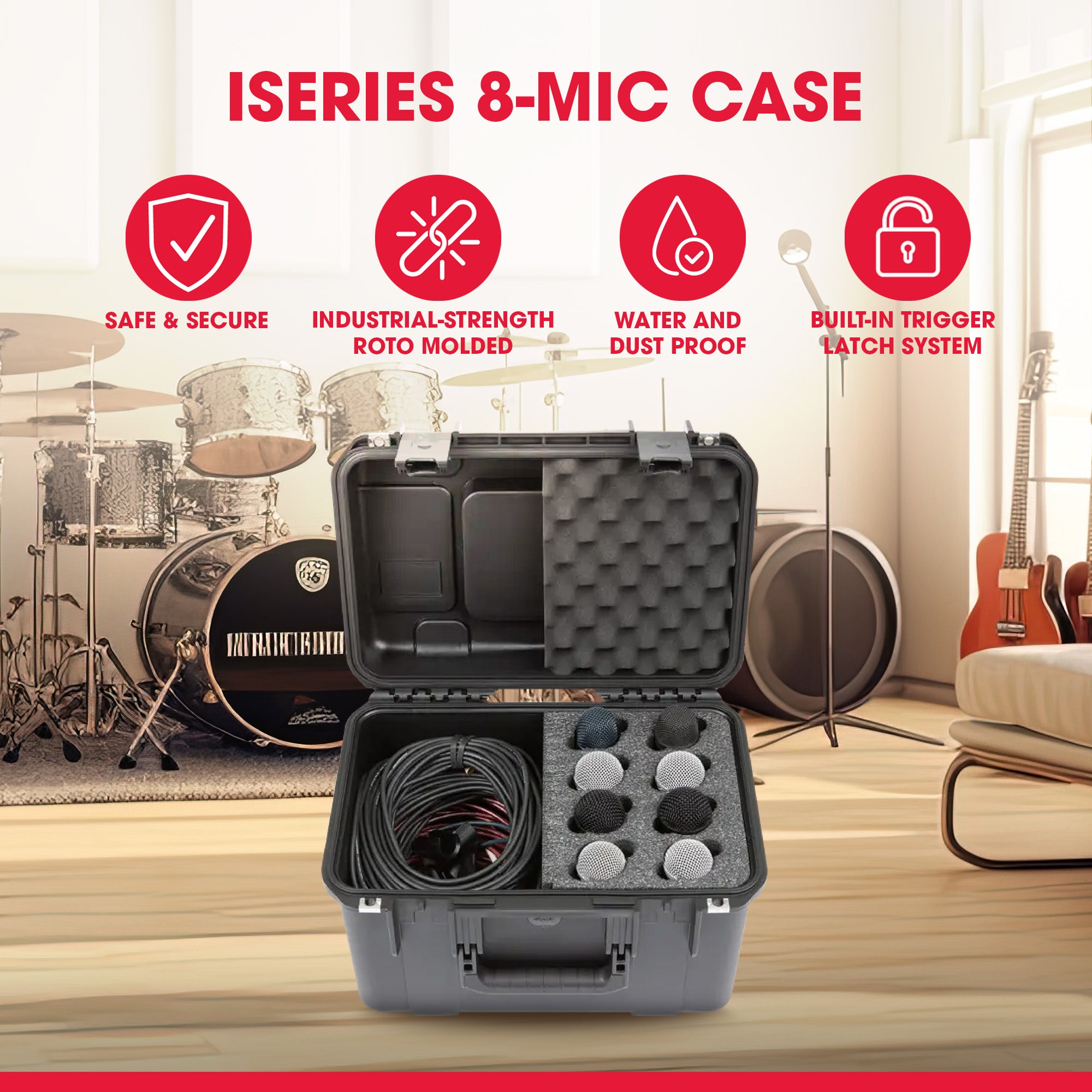 SKB Microphone Case, 8-Slot Foam Interior w/Cable Storage & Wheels (Open Box) - VMInnovations
