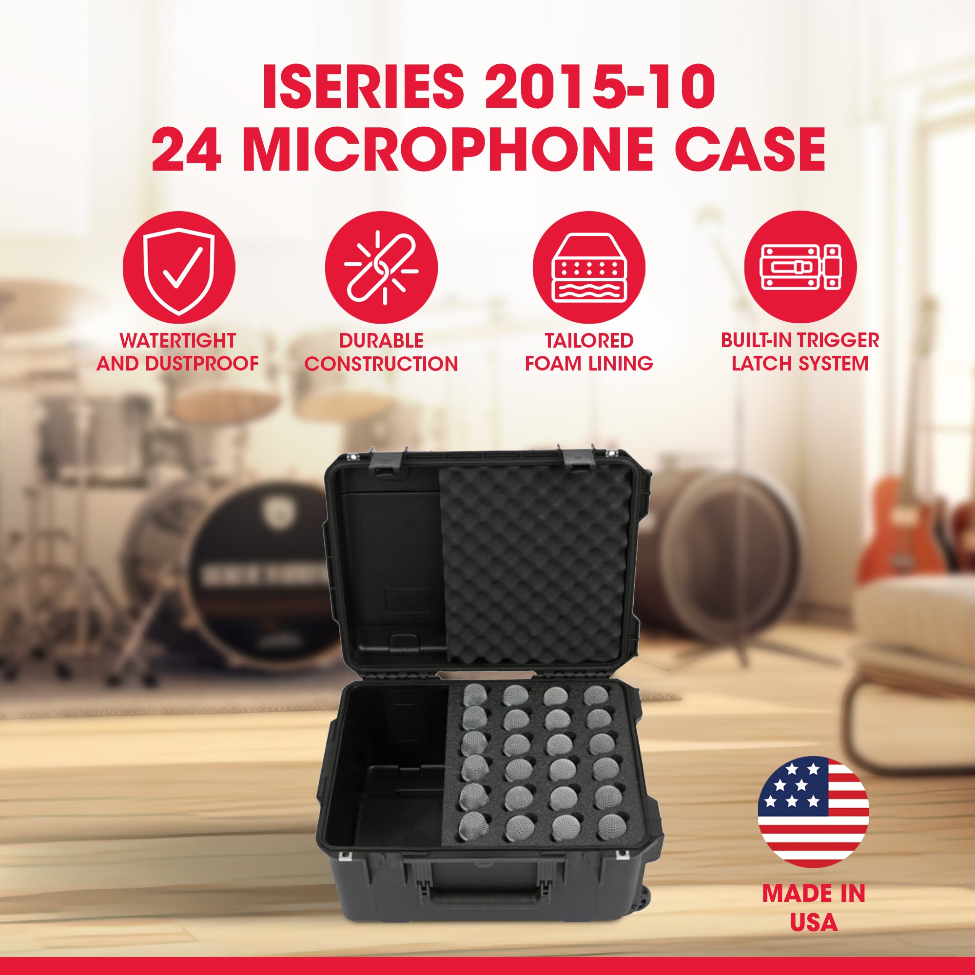 SKB Microphone Hard Case, 24-Slot Foam Interior with Cable Storage and Wheels - VMInnovations