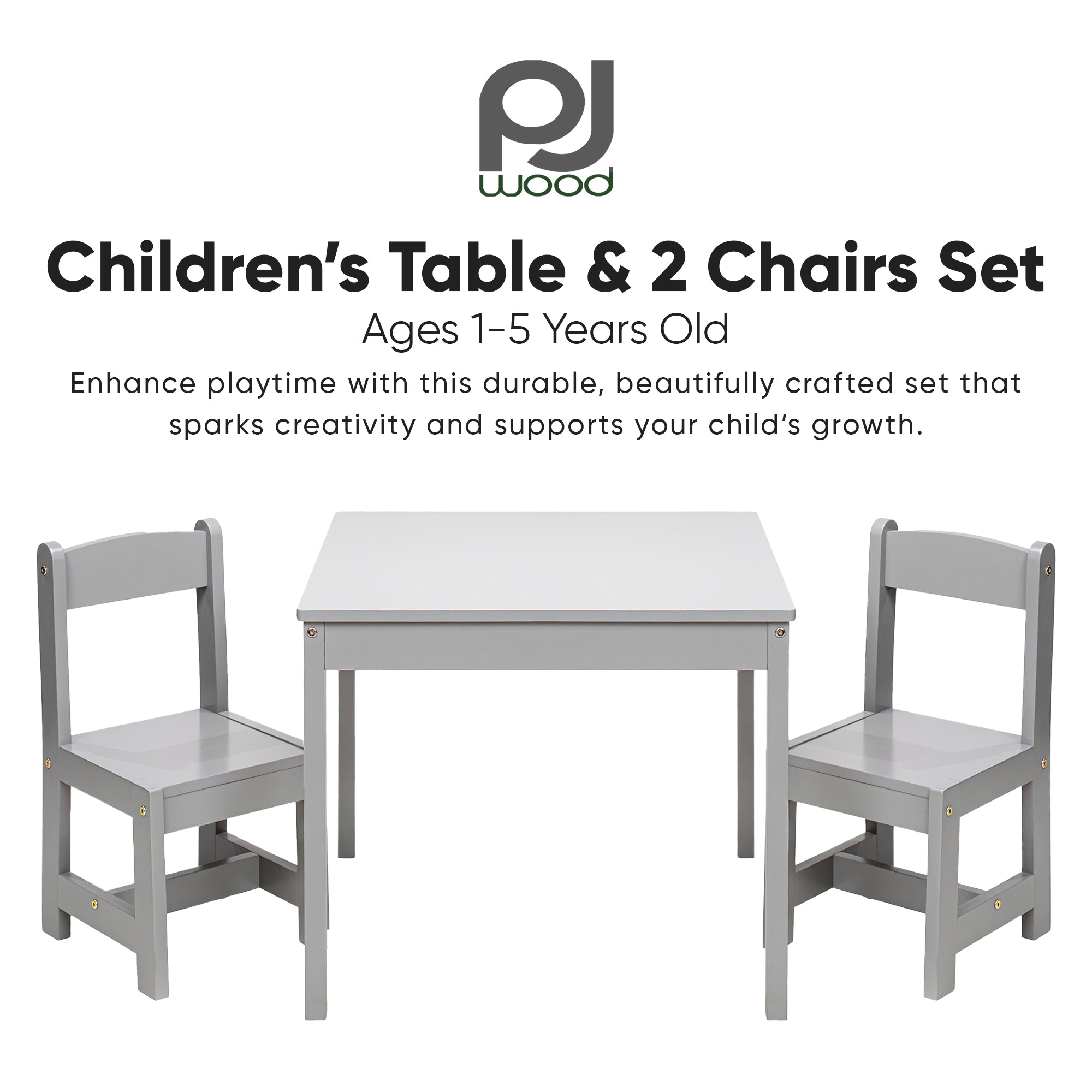 PJ Wood Children's Table and 2 Chairs Set for Kids Ages 1-5 Years Old (Open Box)