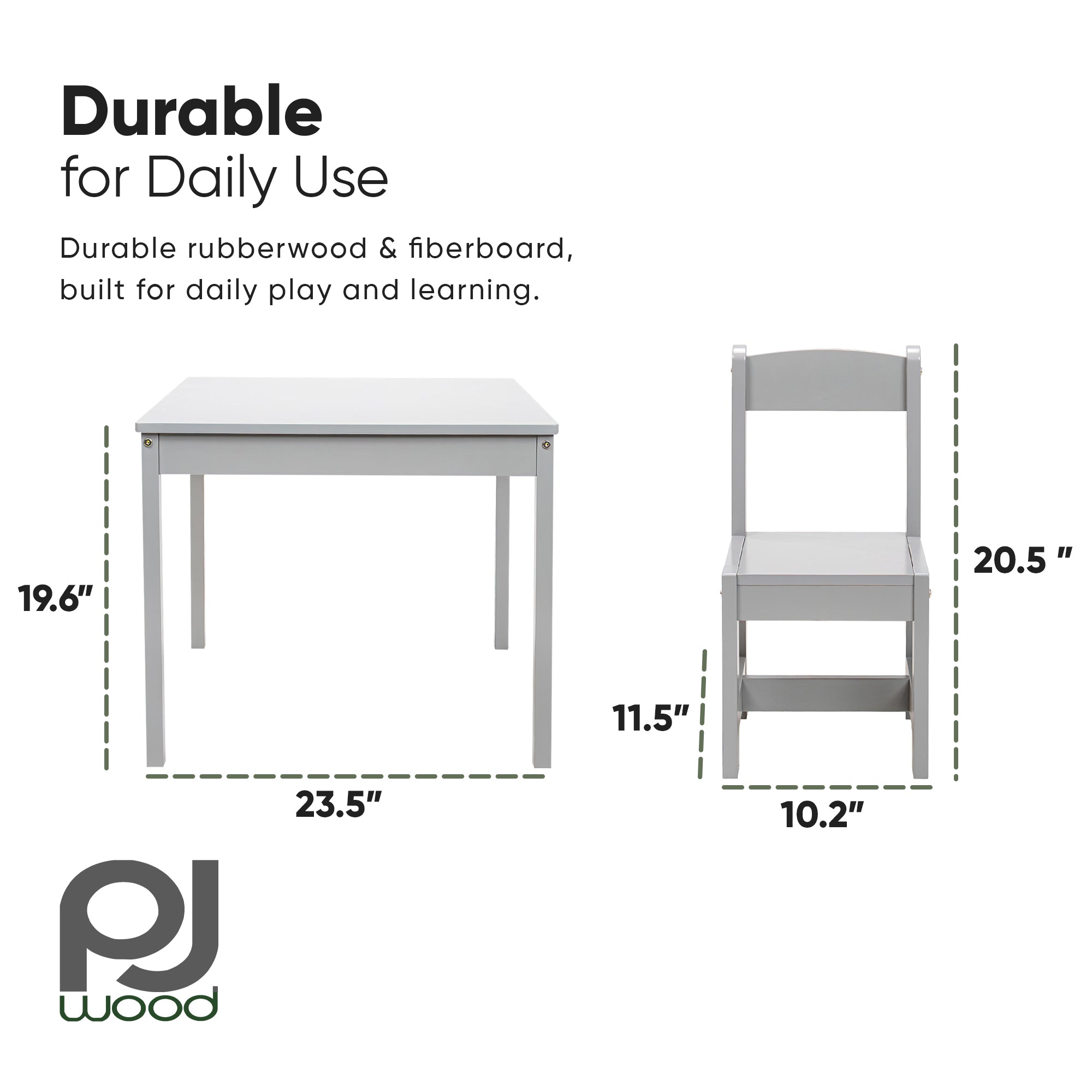 PJ Wood Children's Table and 2 Chairs Set for Kids Ages 1-5 Years Old, Grey - VMInnovations