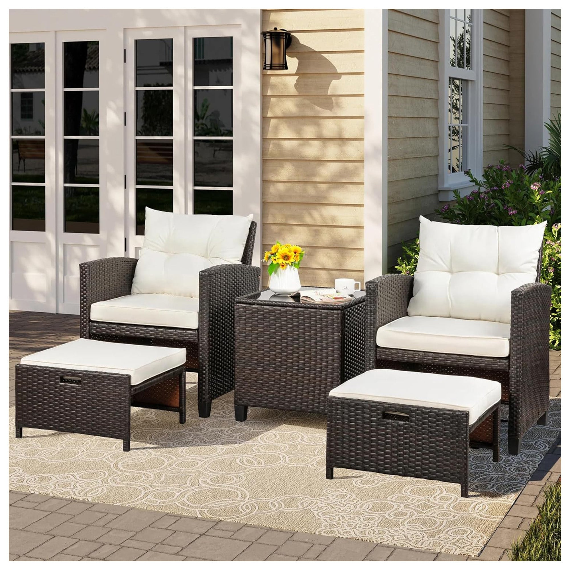 Vongrasig 5pc Patio Furniture Set, Wicker Chairs & Ottoman Table, Beige(Used)