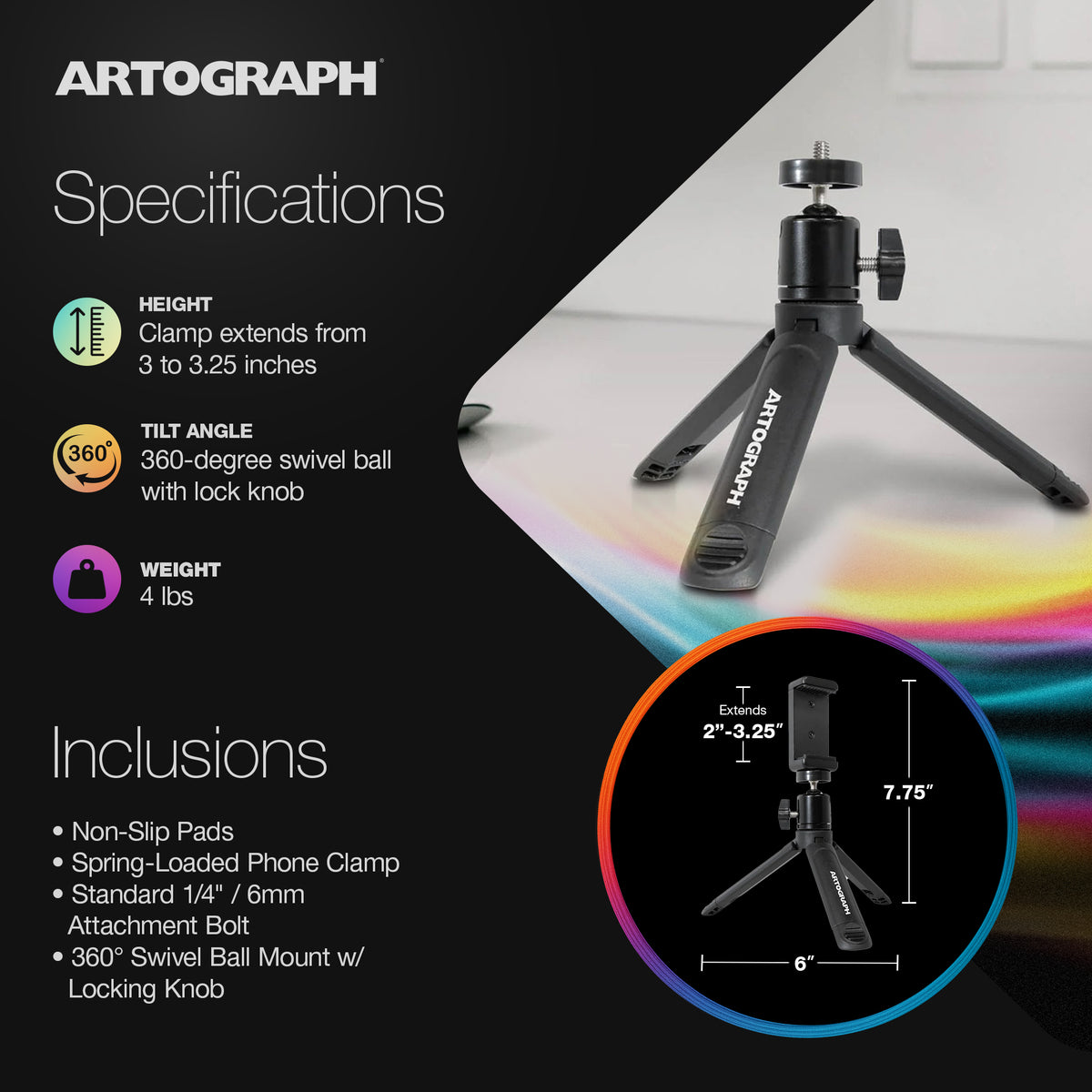 Artograph Smart LED Art Projector & Auto Focus Grids+ Mini Tripod Tabletop Stand - VMInnovations