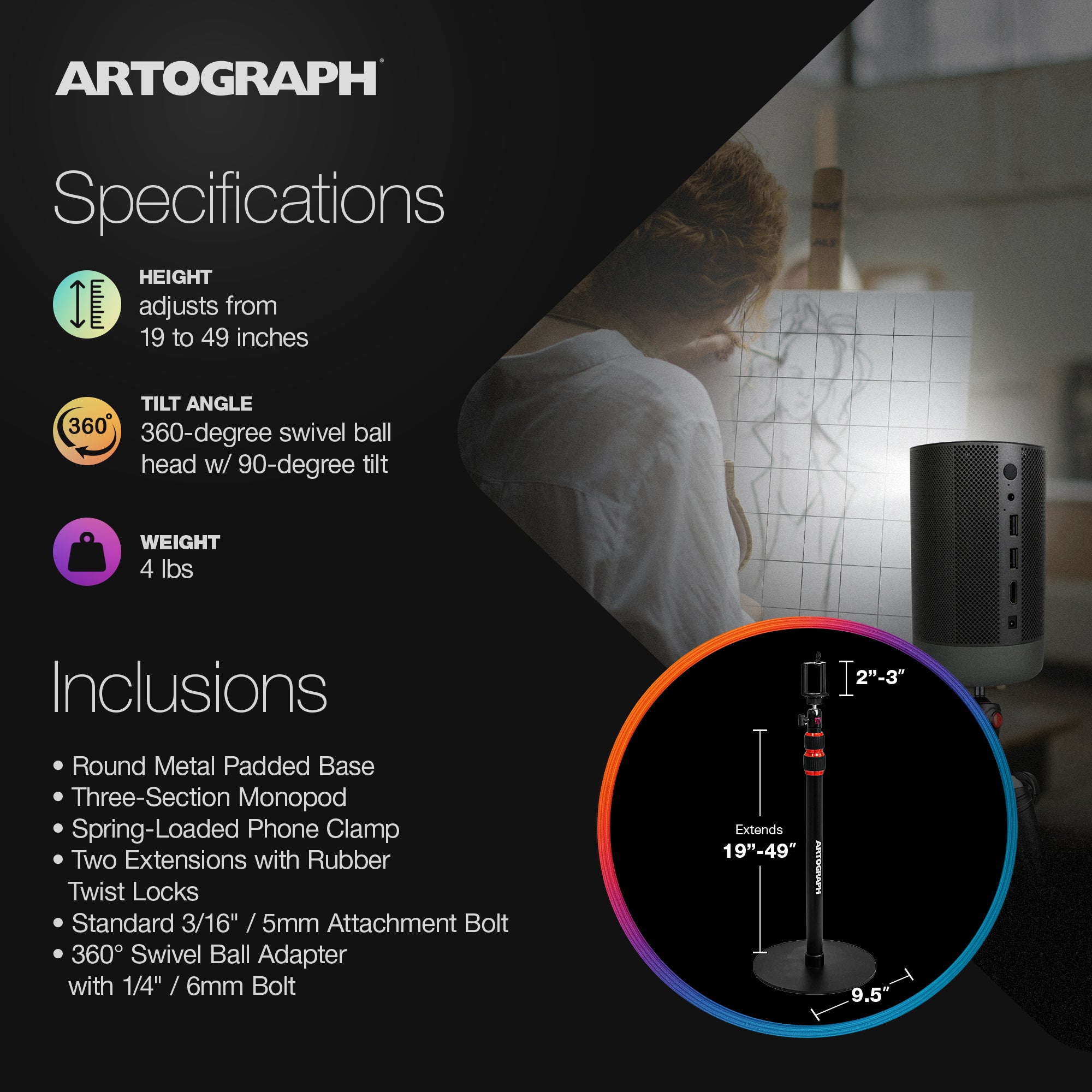 Artograph Smart LED Art Projector, Auto Focus Grids + Adjustable Projector Stand