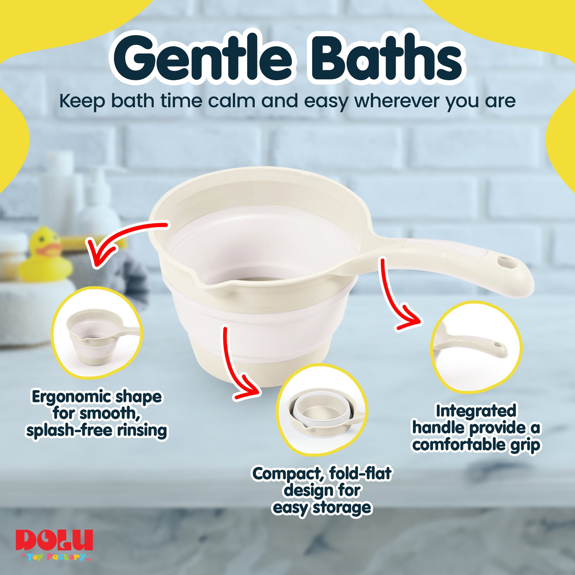 DOLU NUVE Foldable Bath Ladle for Compact Toddler Wash Tub, Ages 6+ Months, Beige - VMInnovations