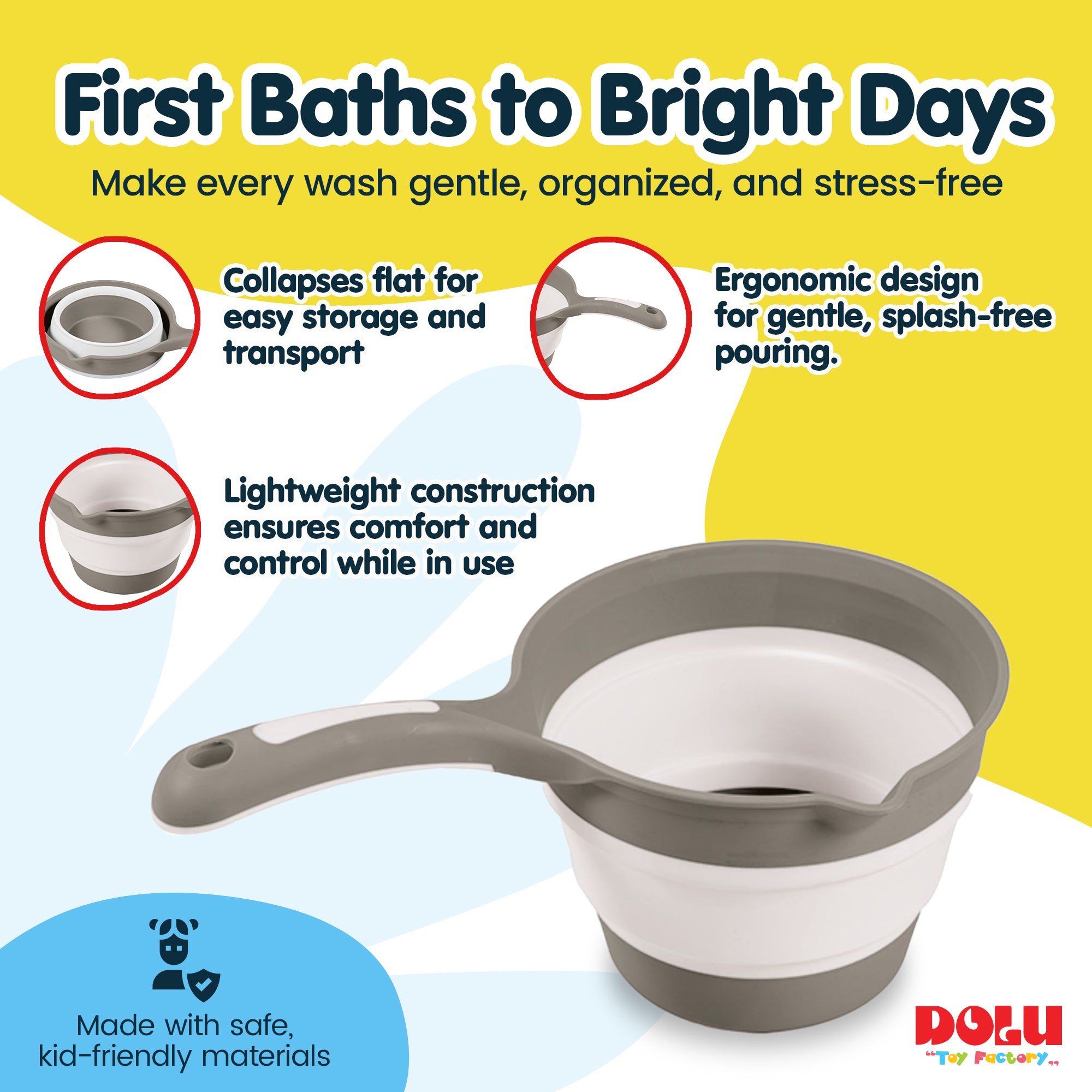 DOLU NUVE Foldable Bath Ladle for Compact Toddler Wash Tub, Ages 6+ Months, Grey - VMInnovations