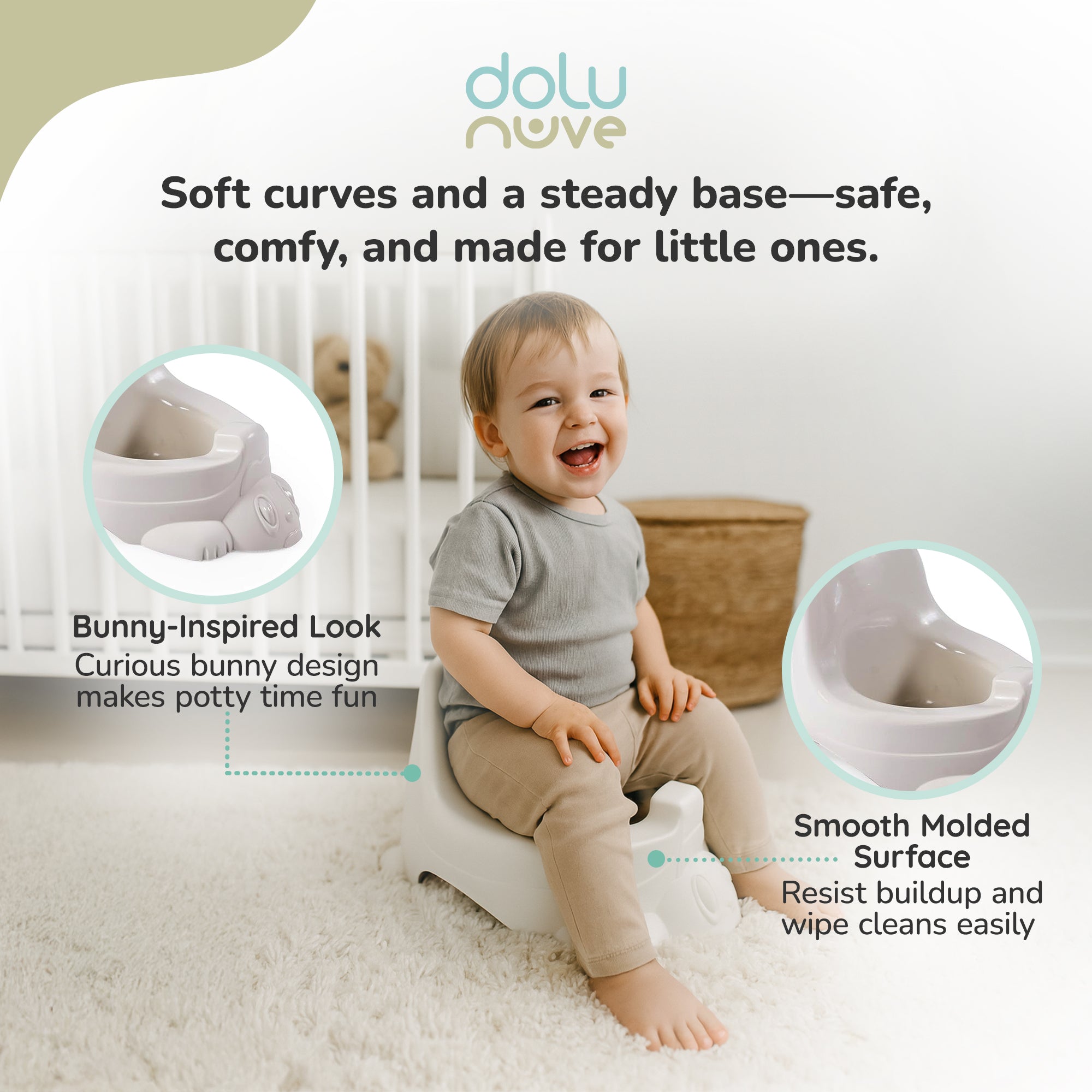 Dolu Nuve Portable Potty for Toddlers 18+ Months with Bunny-Themed Design, Beige - VMInnovations