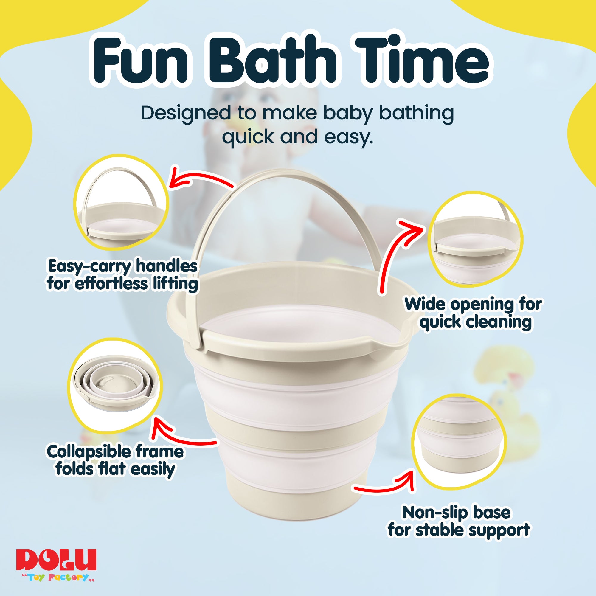 DOLU NUVE Foldable Baby Bath Bucket, Compact Toddler Wash Tub, Ages 6+ Months, Beige - VMInnovations
