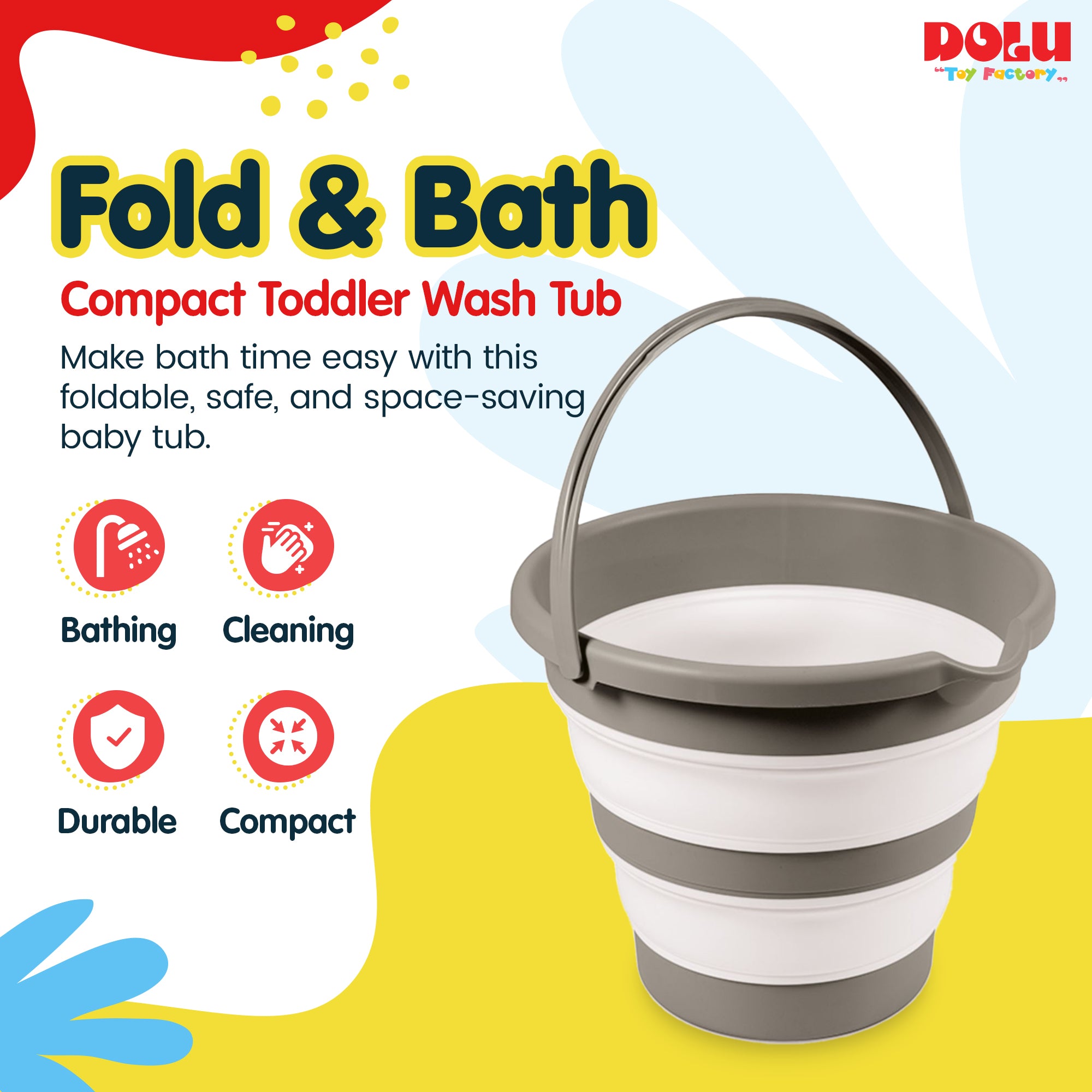 DOLU NUVE Foldable Baby Bath Bucket, Compact Toddler Wash Tub, Ages 6+ Months, Grey - VMInnovations