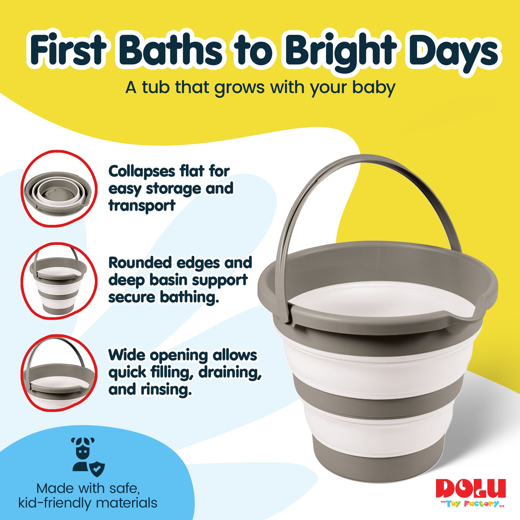 DOLU NUVE Foldable Baby Bath Bucket, Compact Toddler Wash Tub, Ages 6+ Months, Grey - VMInnovations