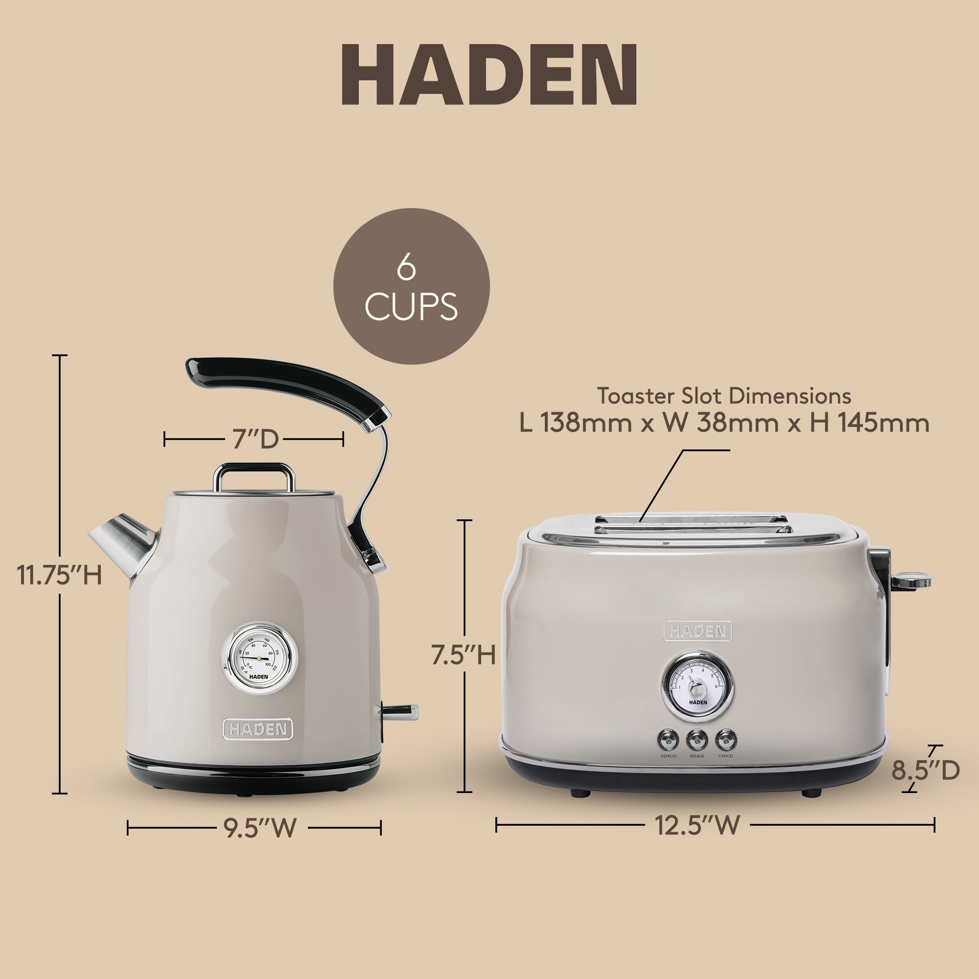 Haden Dorset 2 Slice Wide Slot Toaster & Electric Water Kettle, Putty & Chrome