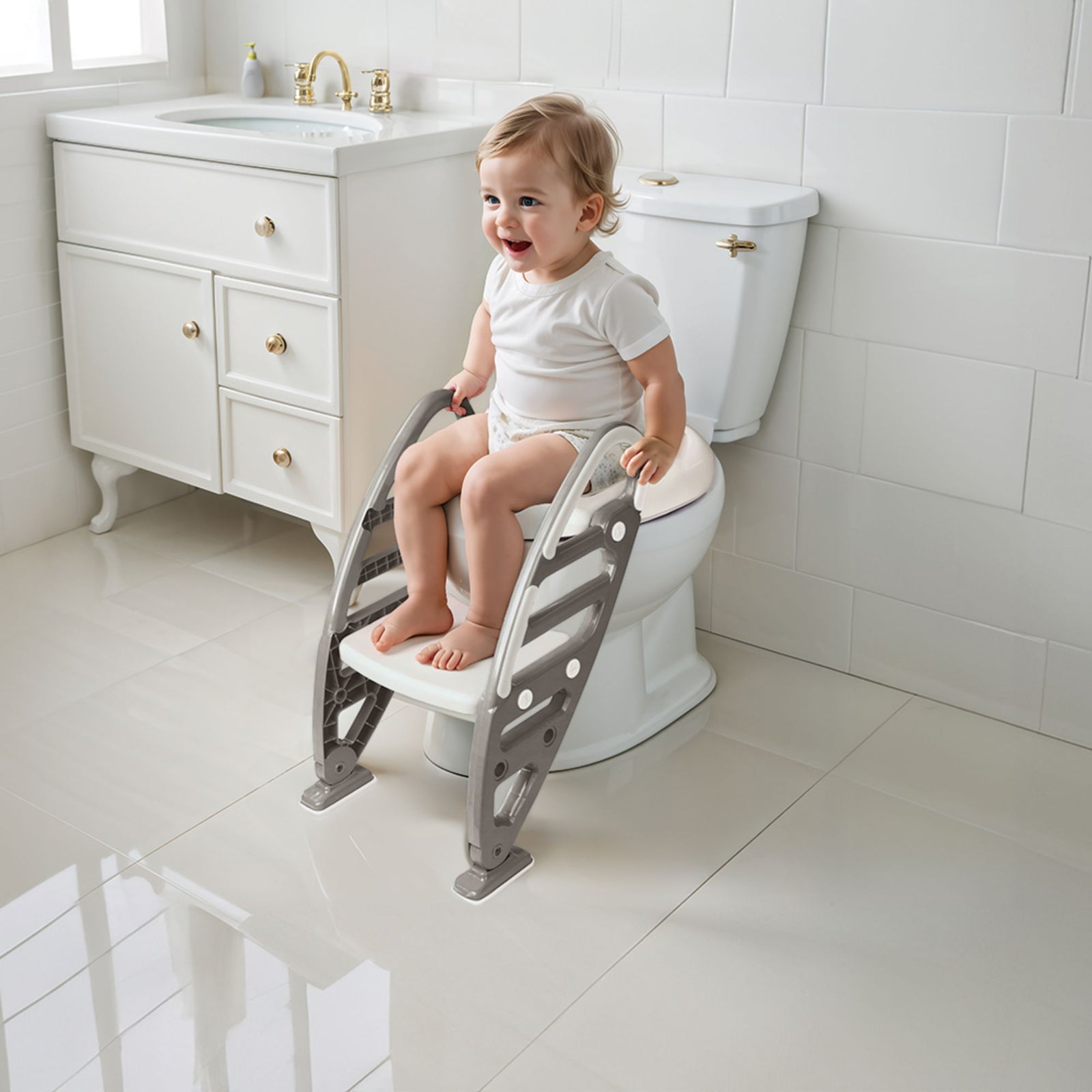 Dolu Nuve Potty Toilet Training Seat with Adjustable Ladder for Kids, Stone Grey - VMInnovations