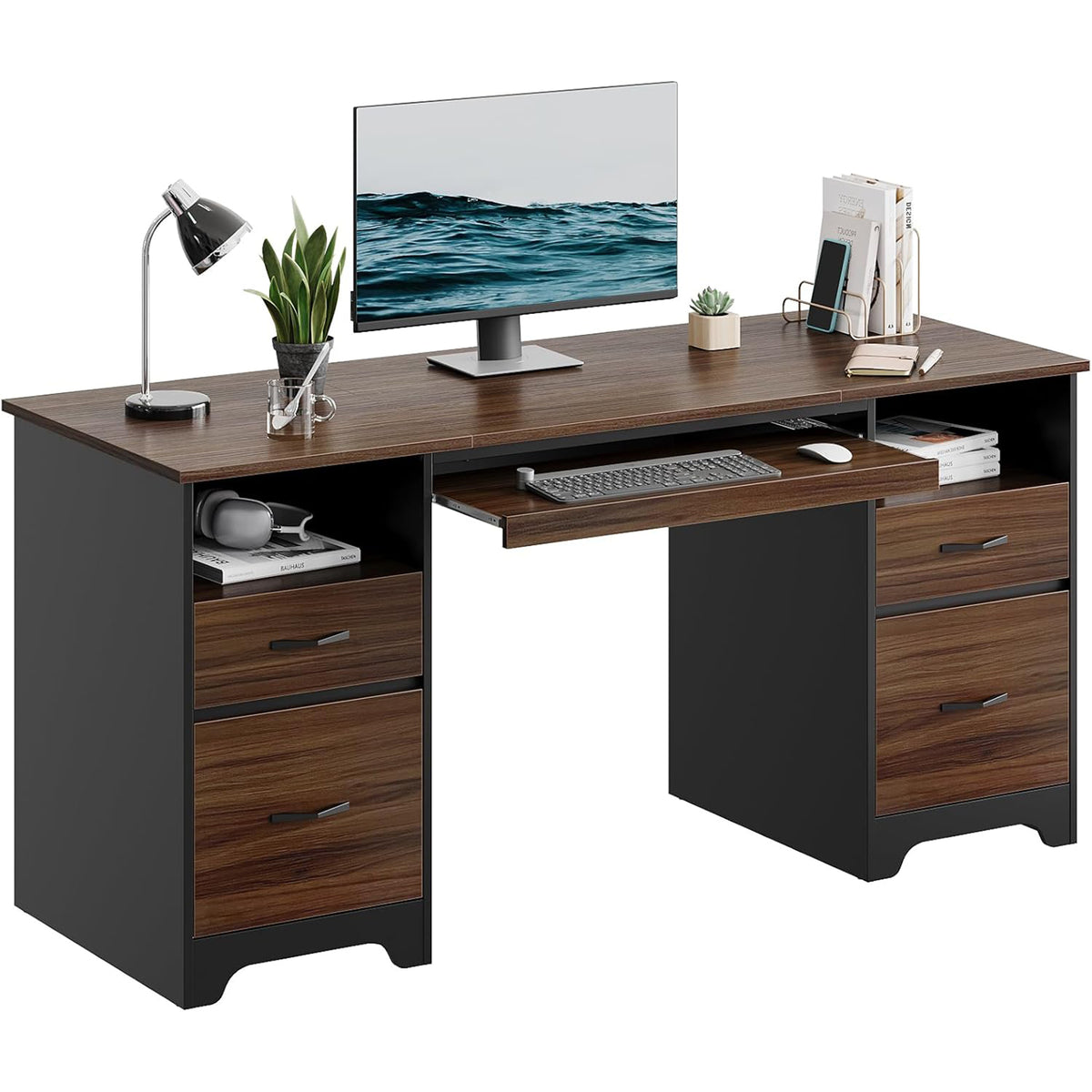 Bestier 59" Computer Desk w/4 Drawers, Industrial Office Desk, Cherry (Open Box)