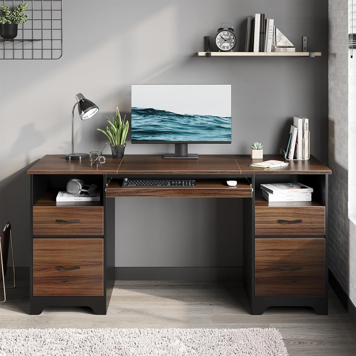 Bestier 59" Computer Desk w/4 Drawers, Industrial Office Desk, Cherry (Open Box)