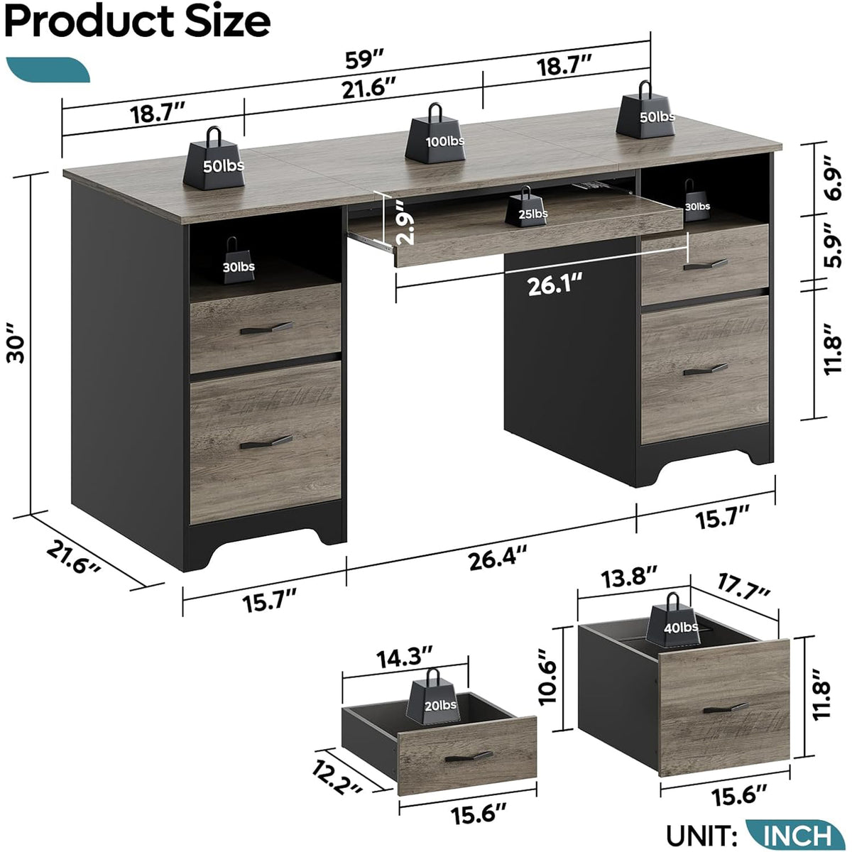 Bestier 59 Inch Computer Desk w/ Storage for Home Office, Grey & Black (Used)