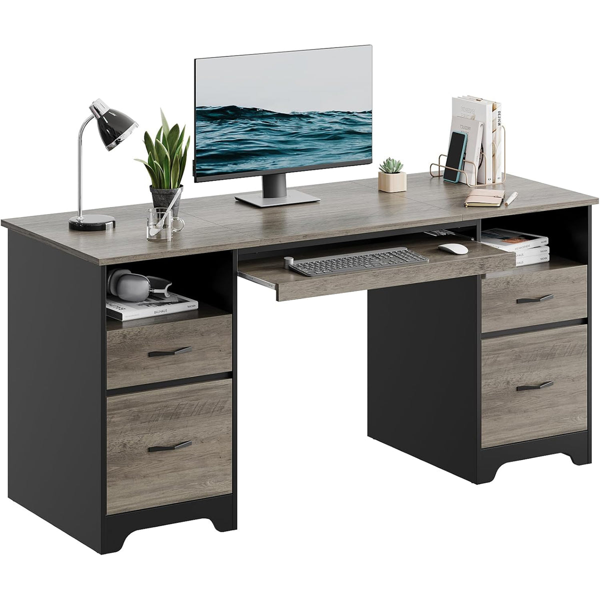 Bestier 59 Inch Computer Desk w/ Storage for Home Office, Grey & Black (Used)