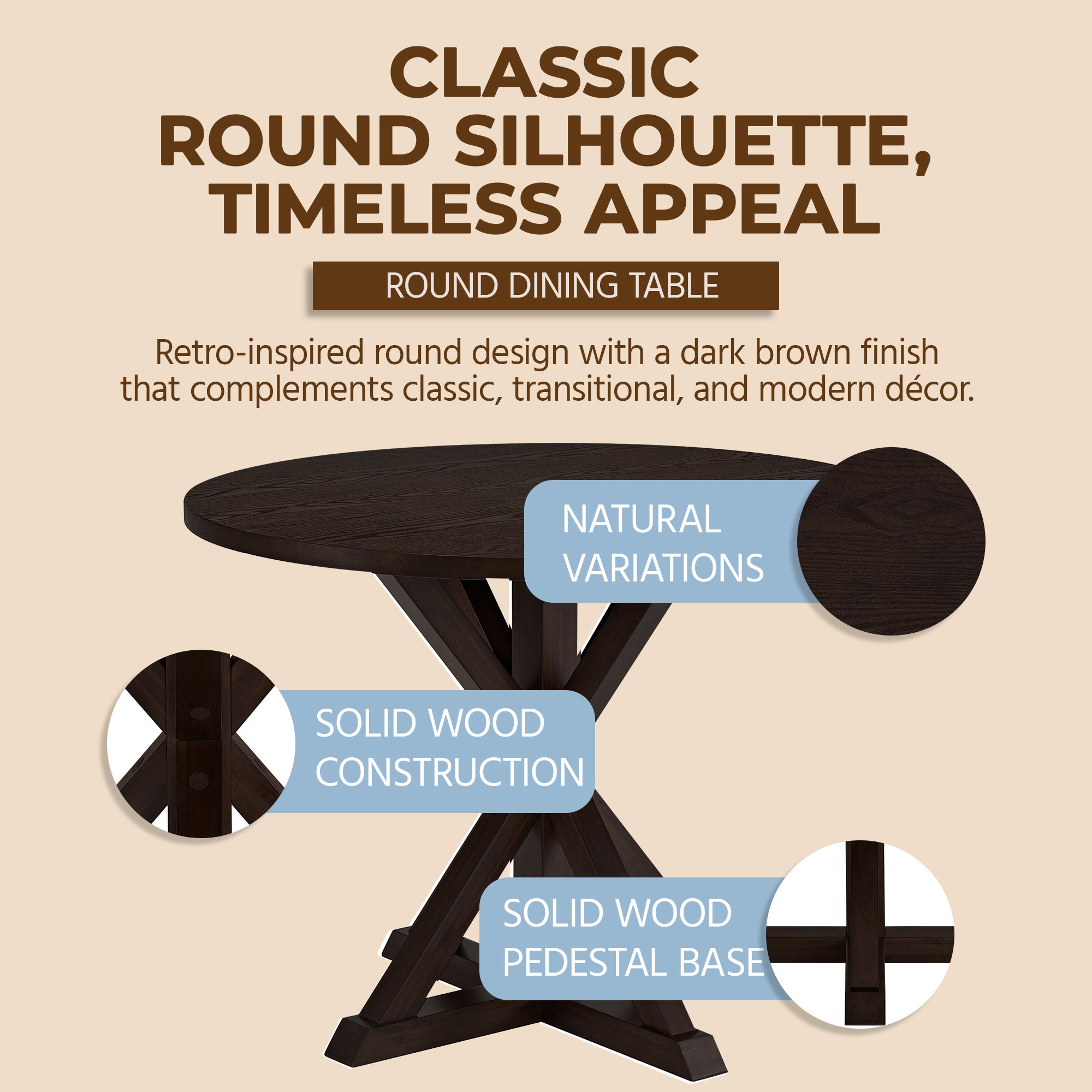 ROME + OAK Farmhouse Dining Set with 40" Round Table and 4 Chairs, Dark Brown - VMInnovations