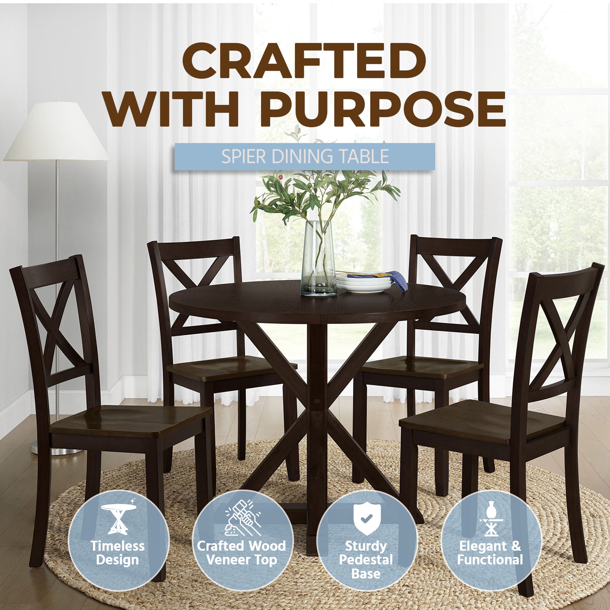 ROME + OAK Farmhouse Dining Set with 40" Round Table and 4 Chairs, Dark Brown