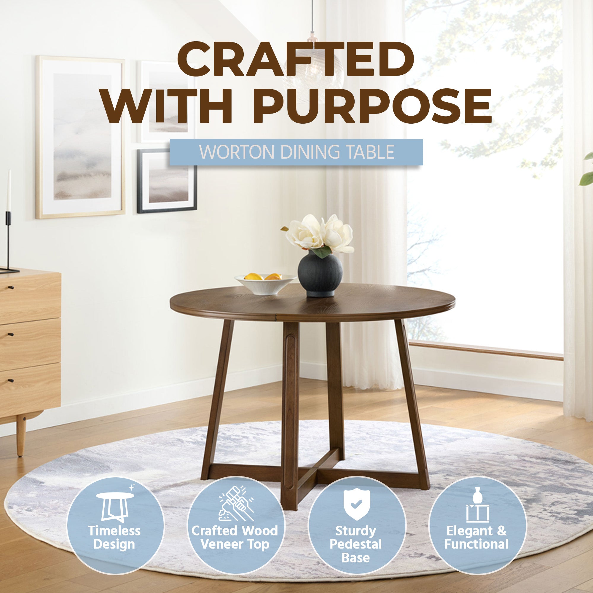ROME + OAK Dining Set with 4 Remy Chairs & Worton 45" Round Table, Weathered Oak - VMInnovations