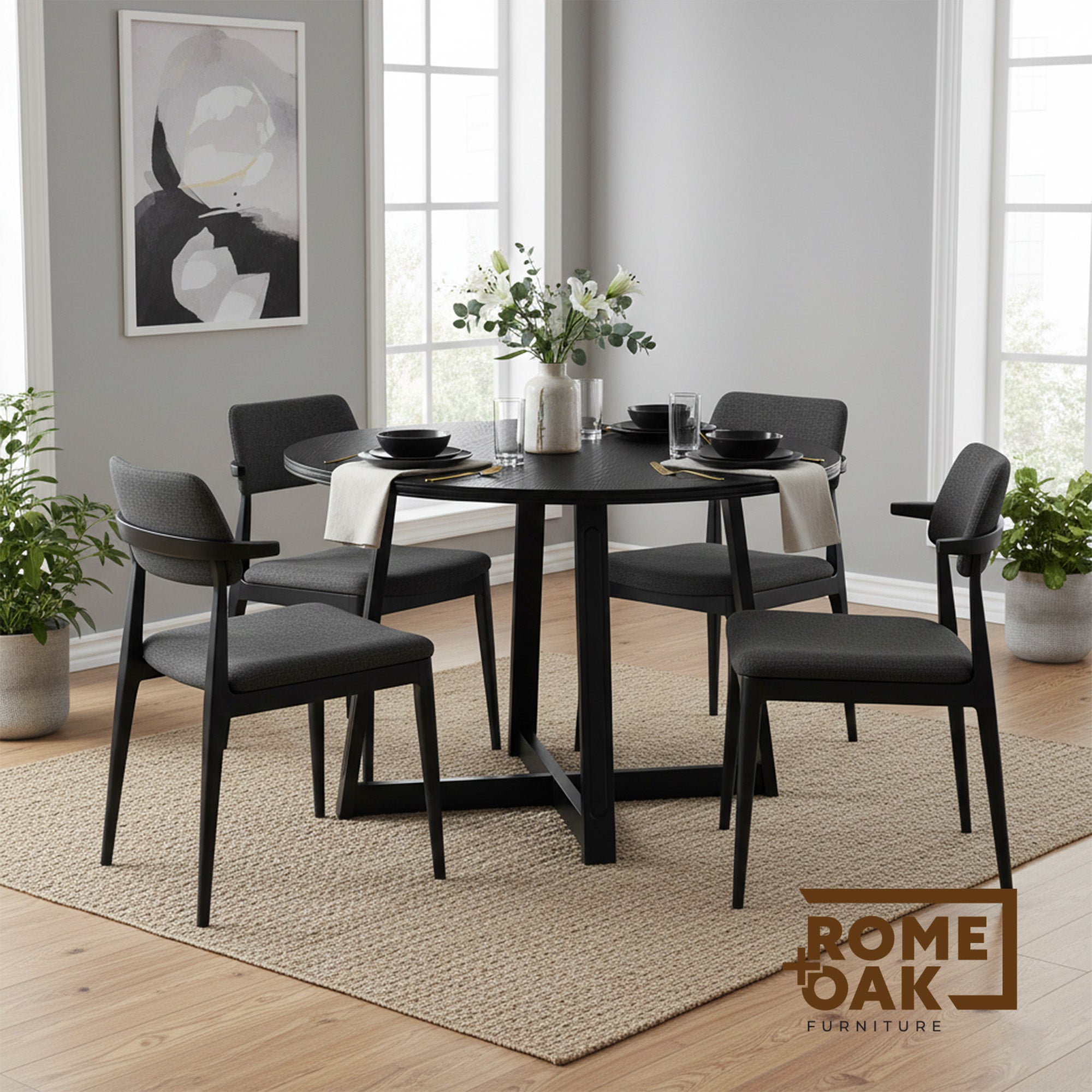 ROME + OAK Worton 45" Modern Farmhouse Round Dining Table, Wood Furniture, Black - VMInnovations