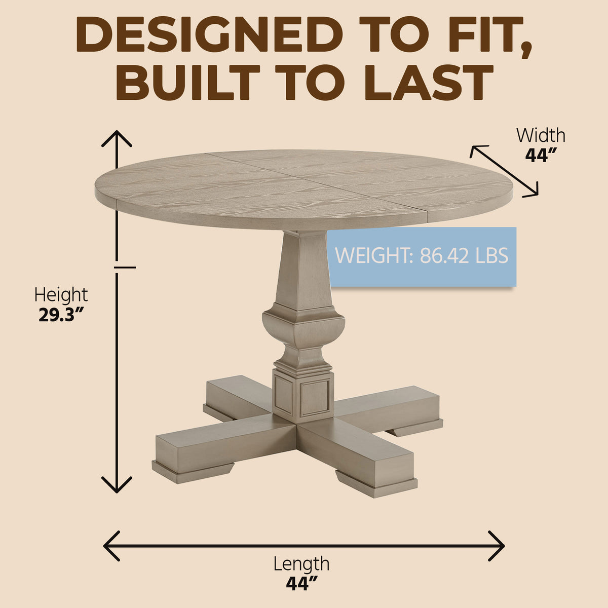 ROME + OAK Rumson 44" Modern Farmhouse Pedestal Dining Table, Beige (Open Box)