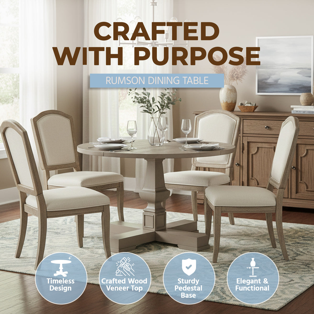 ROME + OAK Rumson 44" Modern Farmhouse Pedestal Dining Table, Beige (Open Box)