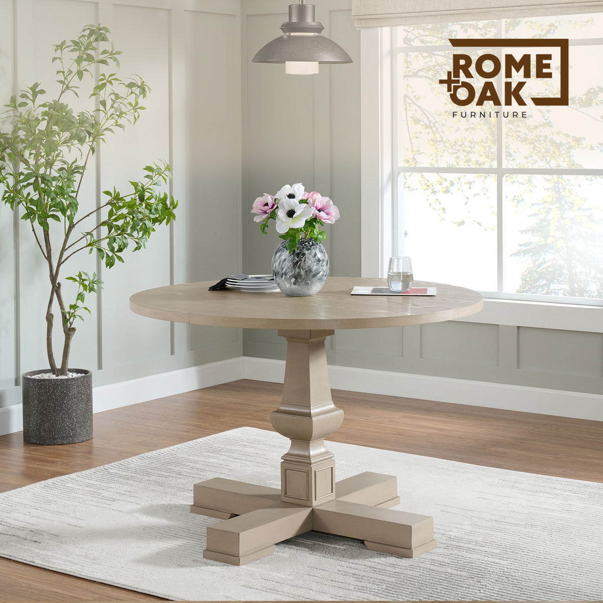 ROME + OAK Rumson 44" Modern Farmhouse Pedestal Dining Table, Beige (Open Box)