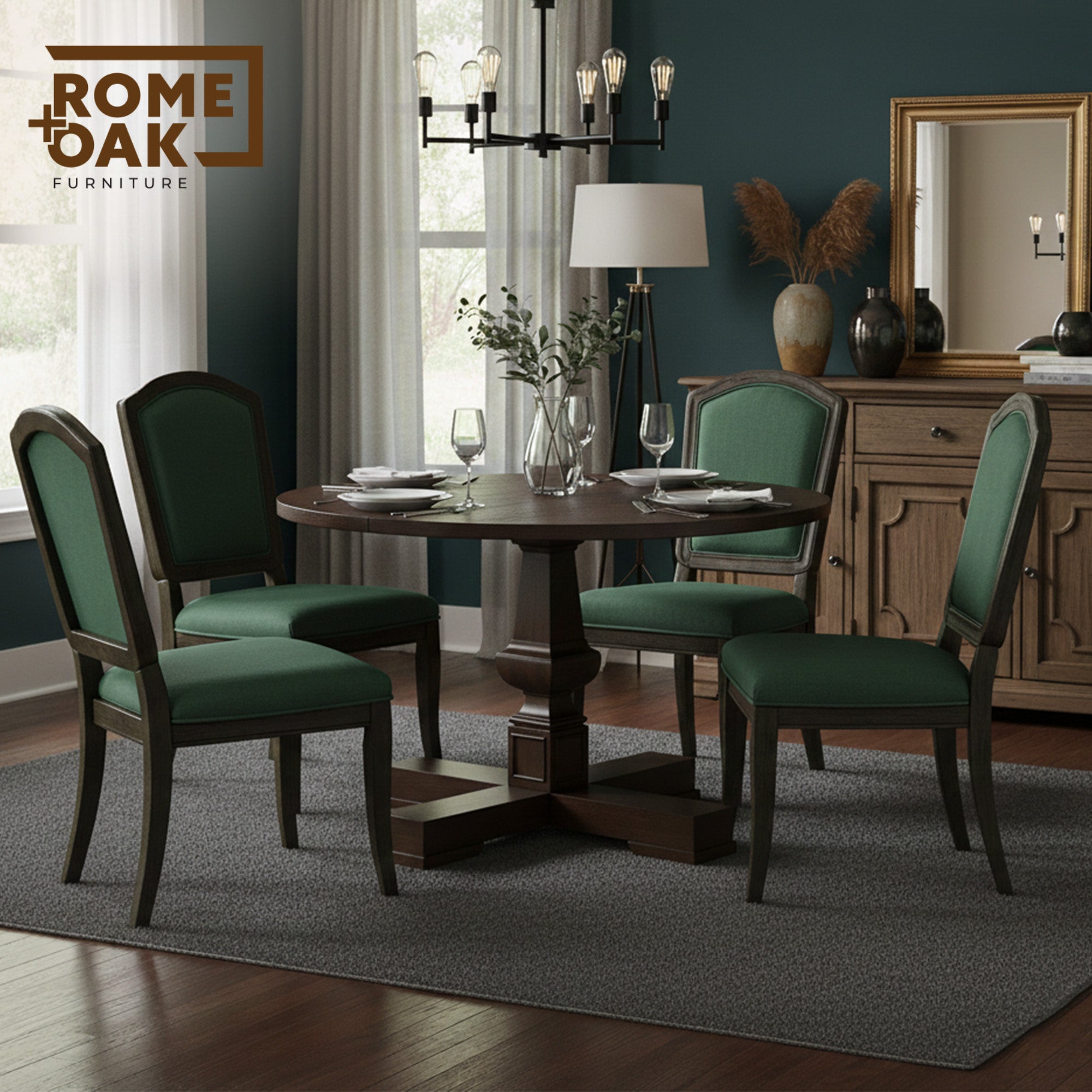 ROME + OAK Farmhouse Dining Set with 44" Round Table and 4 Chairs, Dark Brown