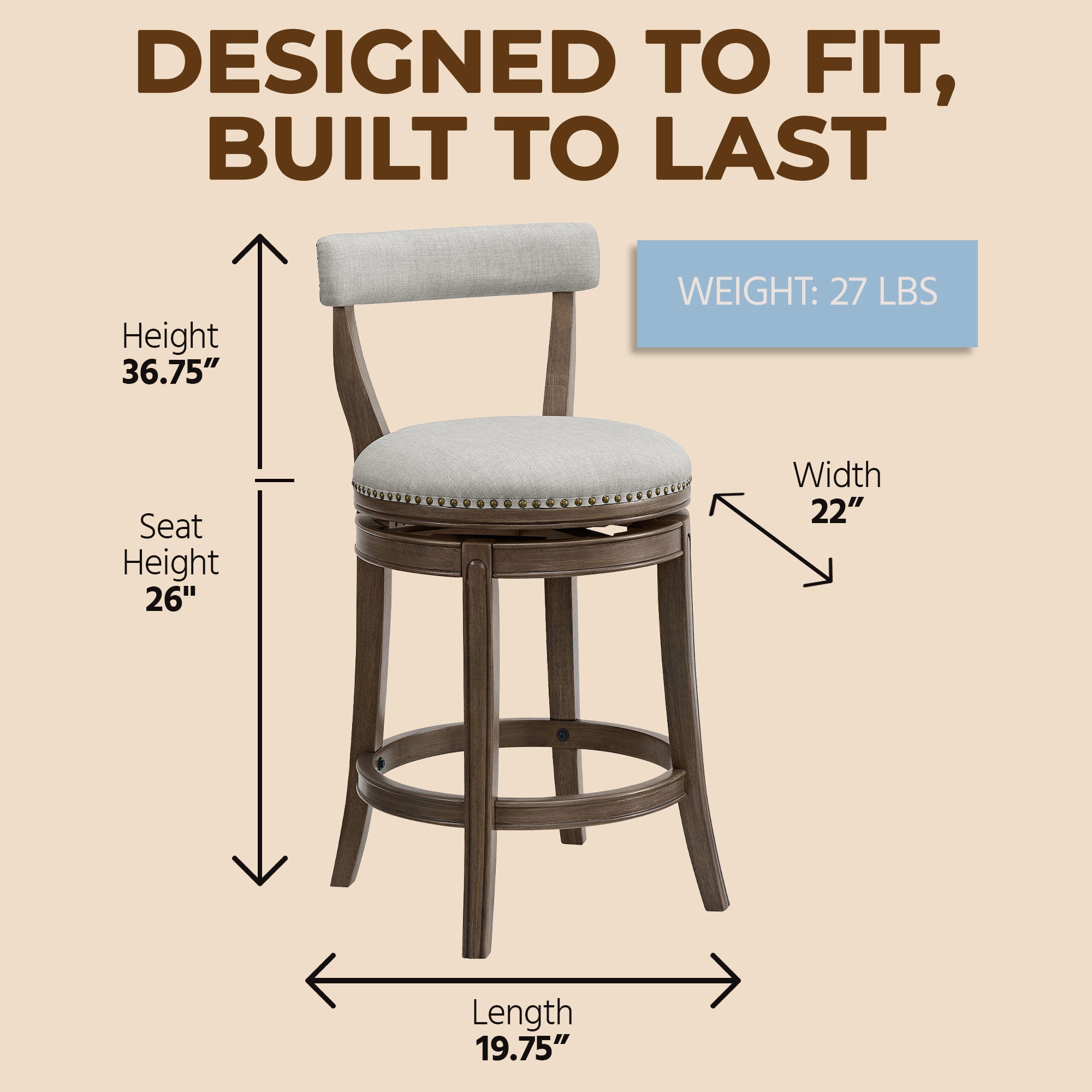 ROME + OAK Ruxban 26" Swivel Counter Stool, Weathered Oak, Sand Fabric, Set of 2