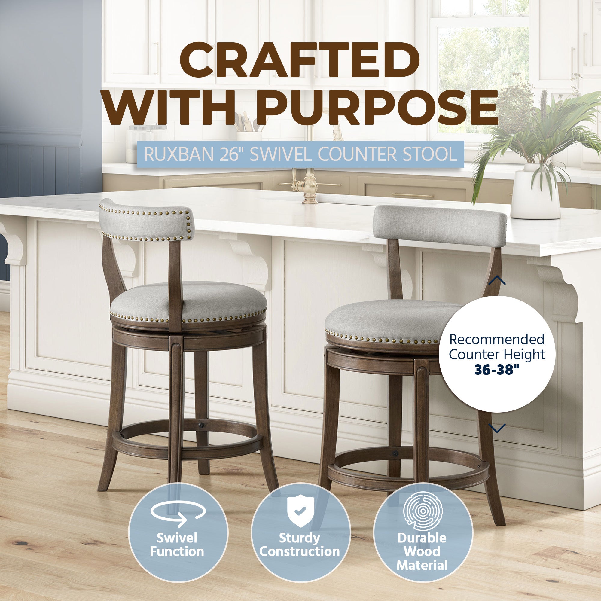 ROME + OAK Ruxban 26" Swivel Counter Stool, Weathered Oak, Sand Fabric, Set of 2