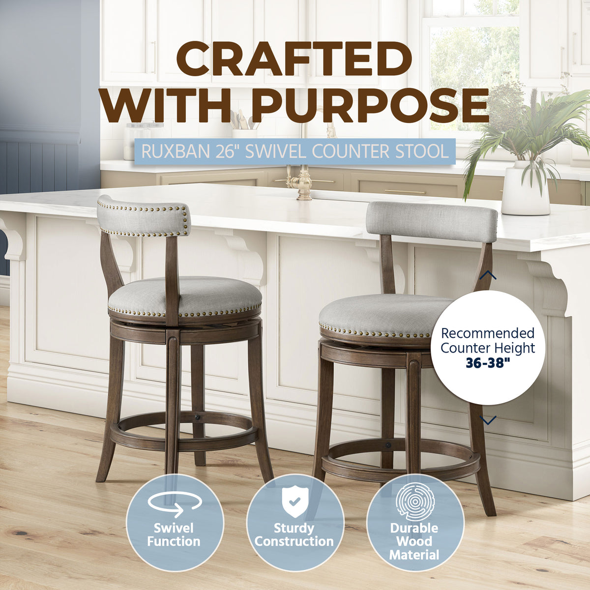 ROME + OAK Ruxban 26" Swivel Counter Stool, Weathered Oak, Sand Fabric, Set of 3 - VMInnovations