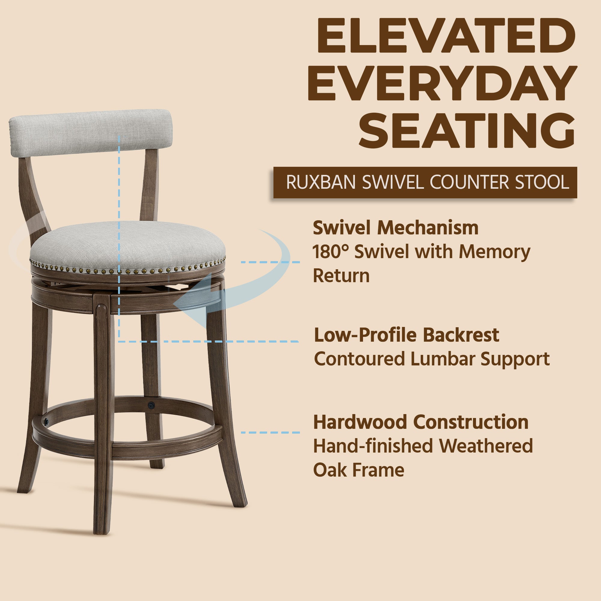 ROME + OAK Ruxban 26" Swivel Counter Stool, Weathered Oak, Sand Fabric, Set of 2