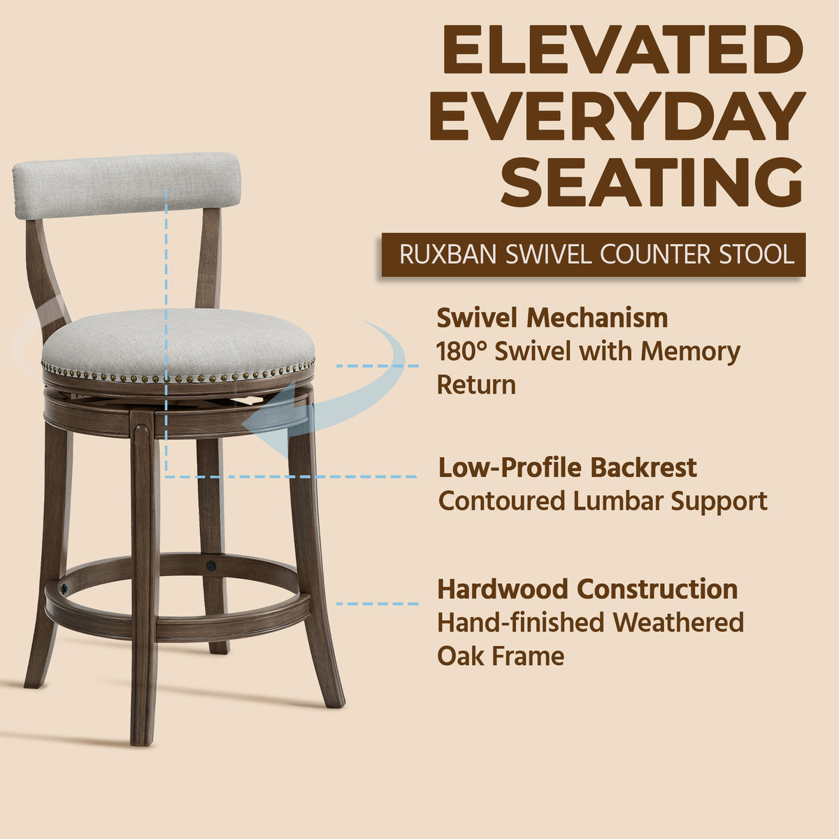 ROME + OAK Ruxban 26" Swivel Counter Stool, Weathered Oak, Sand Fabric, Set of 3