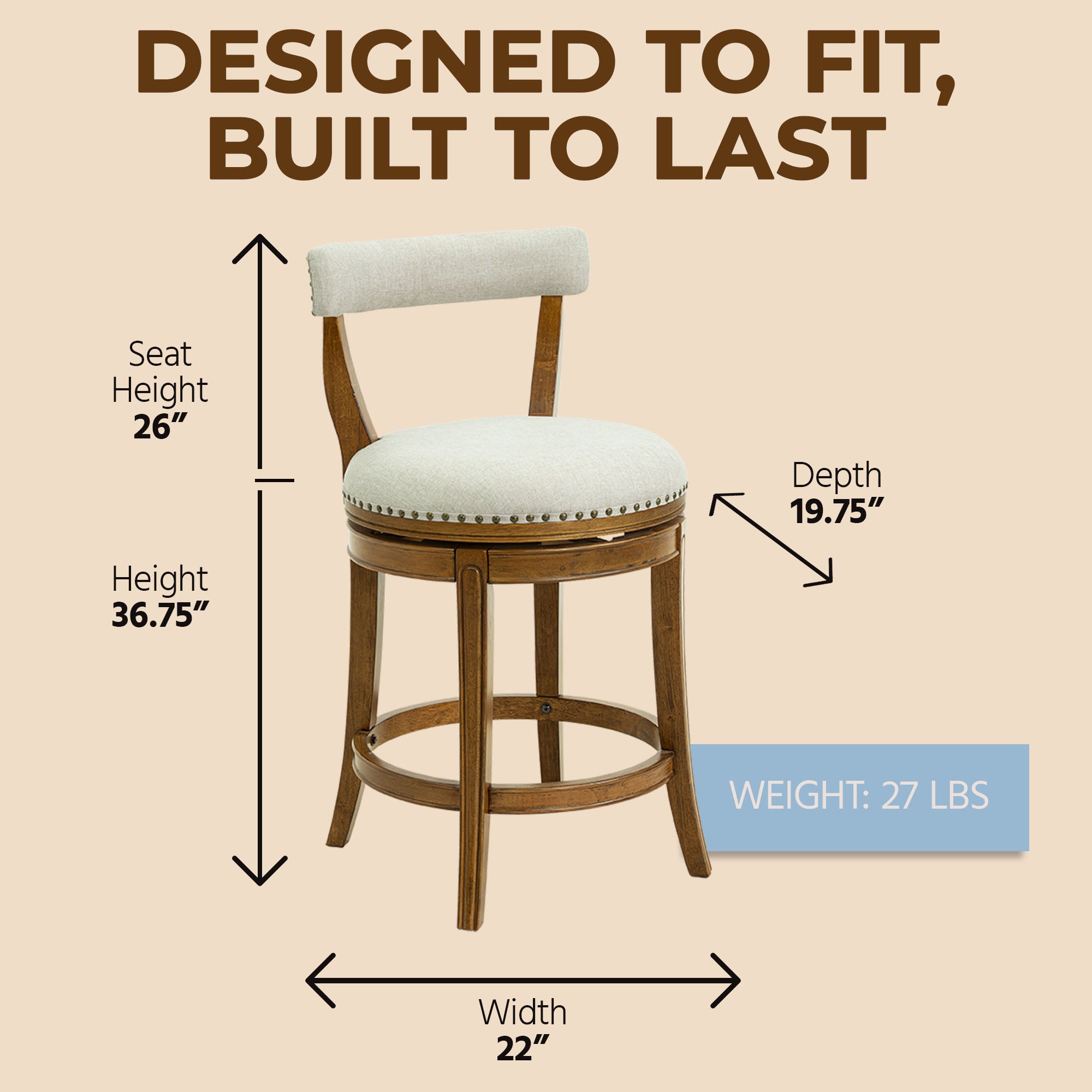 ROME + OAK Ruxban 26" Swivel Counter Stool, Weathered Oak Sand Fabric (Open Box)