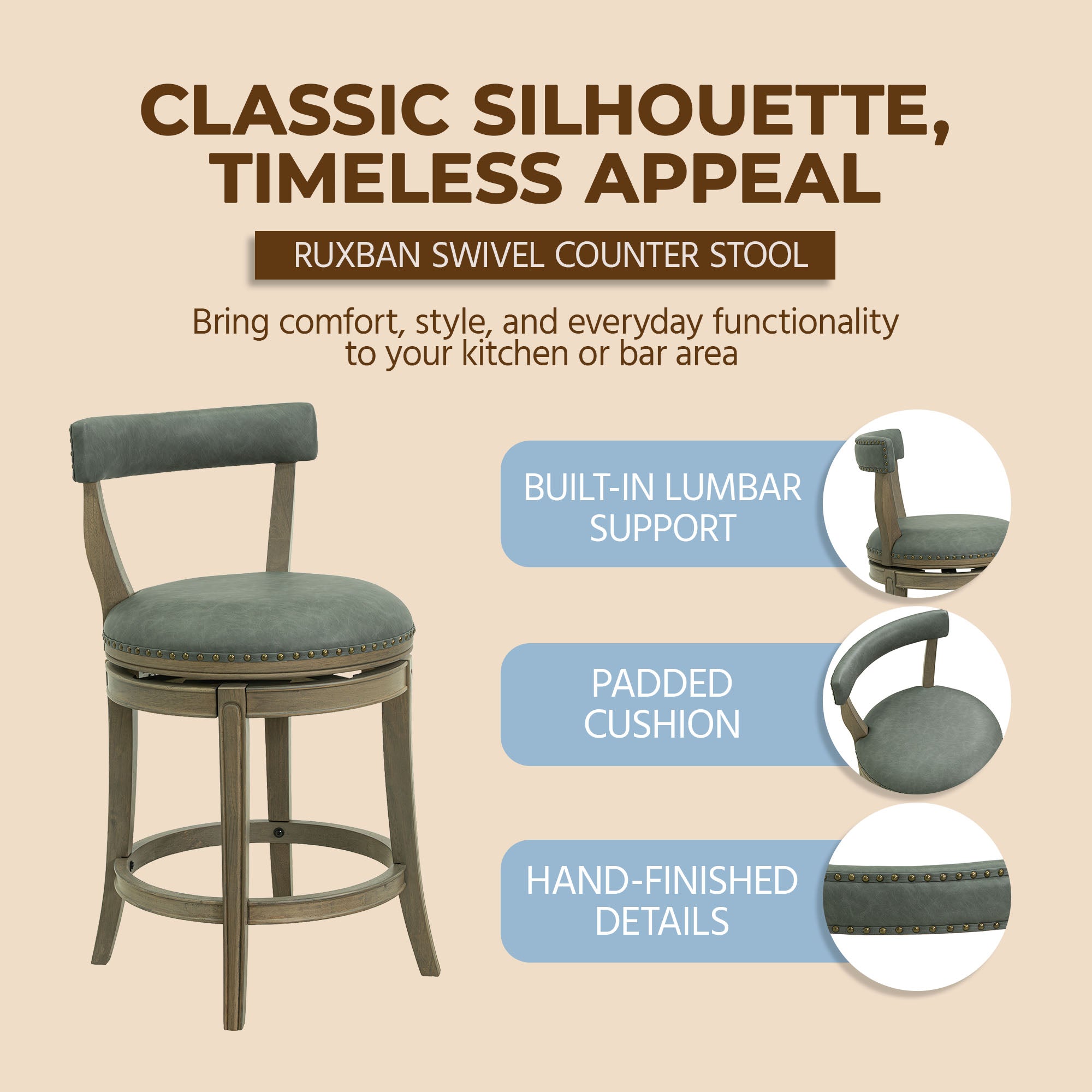 ROME + OAK Ruxban 26" Swivel Counter Stool, Reclaimed Oak, Stone Vegan Leather - VMInnovations