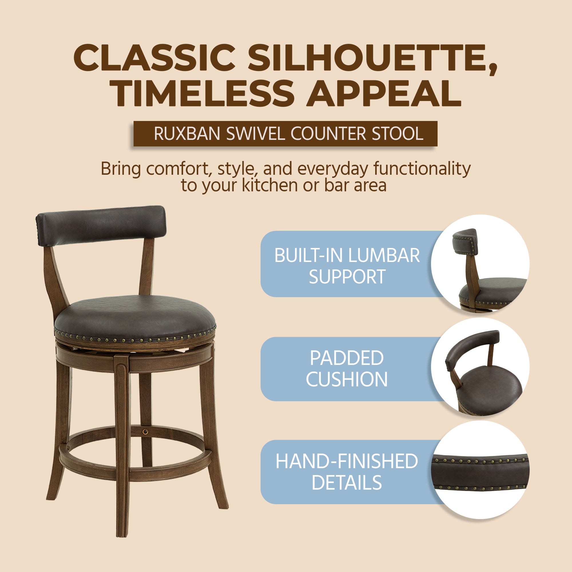 ROME + OAK Ruxban 26" Swivel Counter Stool, Walnut, Saddle Brown Vegan Leather - VMInnovations