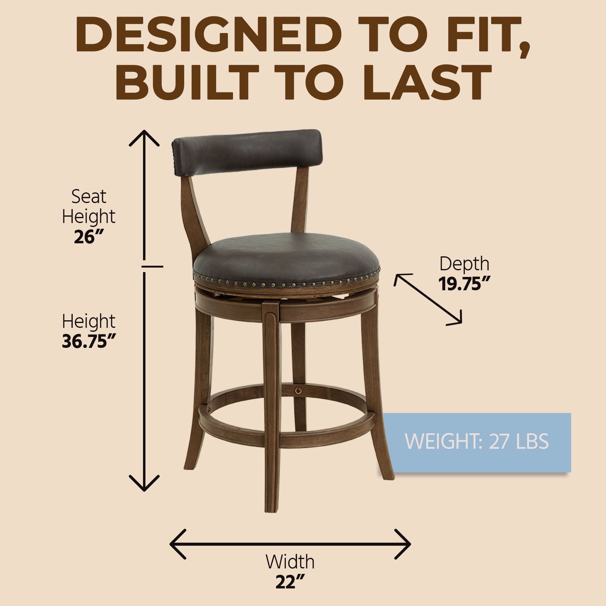 ROME + OAK Ruxban 26" Swivel Counter Stool, Walnut, Saddle Brown Vegan Leather - VMInnovations