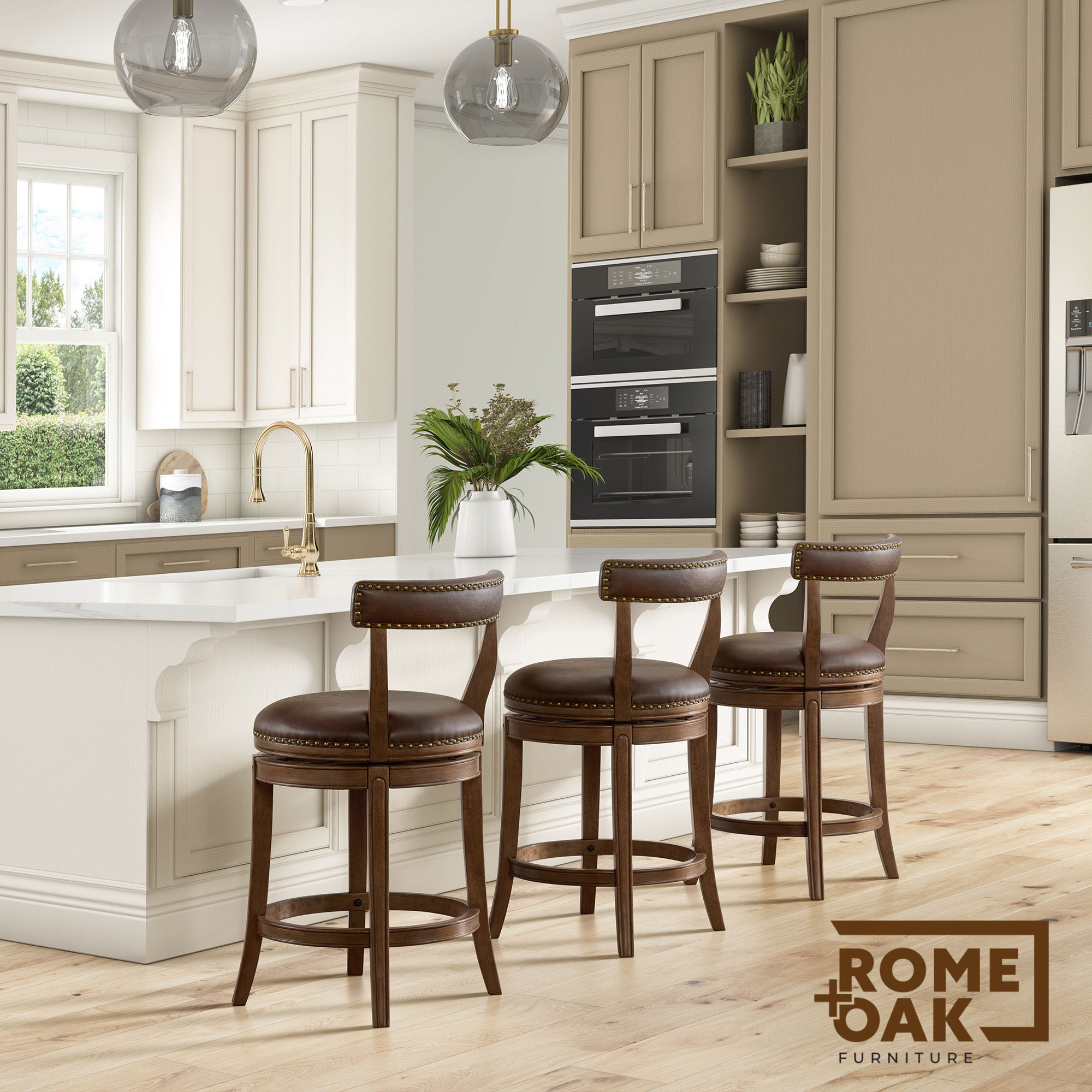 ROME + OAK Ruxban 26" Swivel Counter Stool, Walnut, Saddle Brown Vegan Leather - VMInnovations