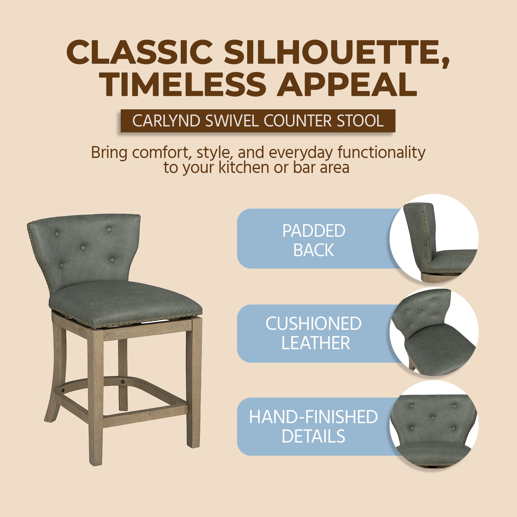 ROME + OAK Carlynd 26" Swivel Counter Stool, Reclaim Oak, Stone,Set of 2