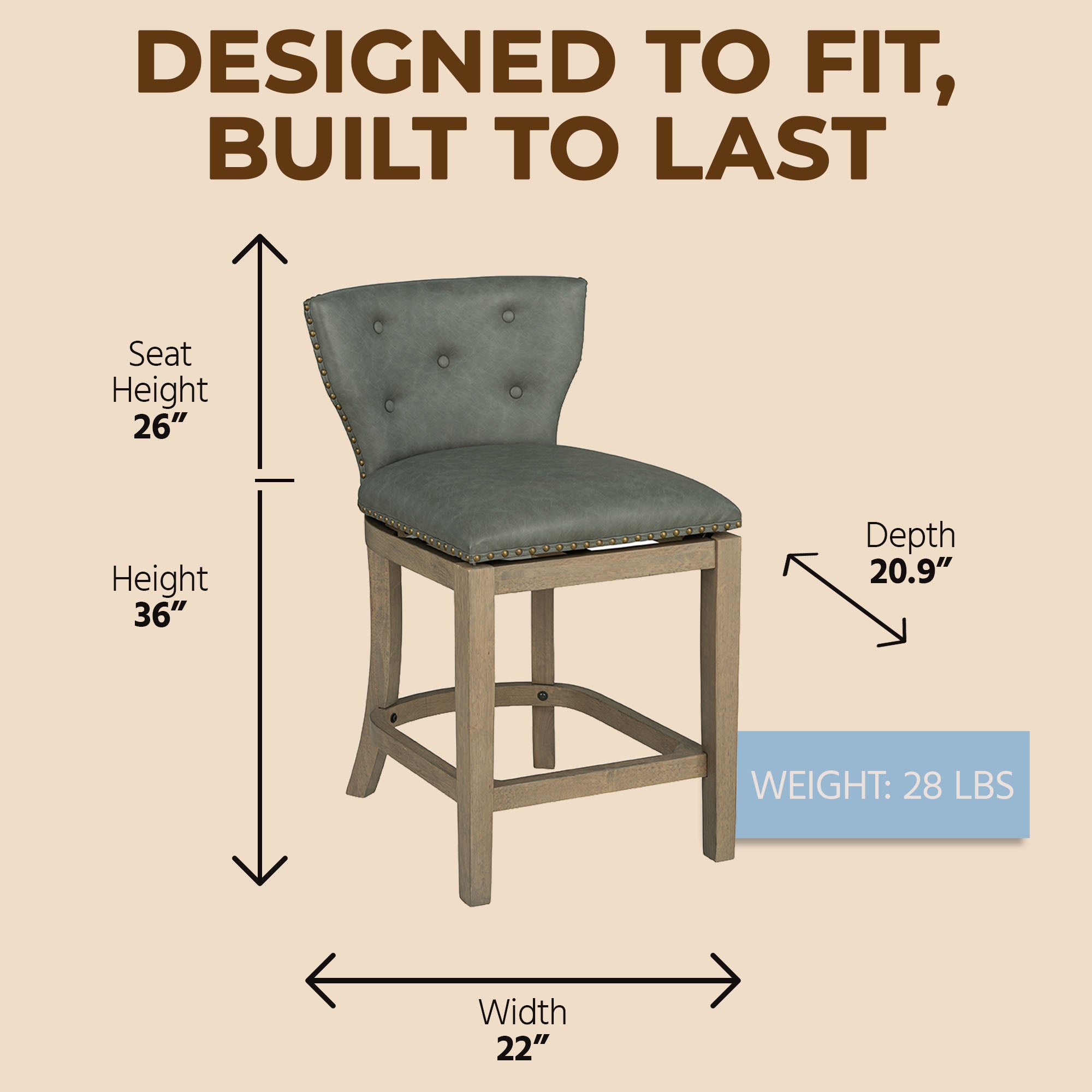 ROME + OAK Carlynd 26" Swivel Counter Stool, Reclaimed Oak, Stone Vegan Leather